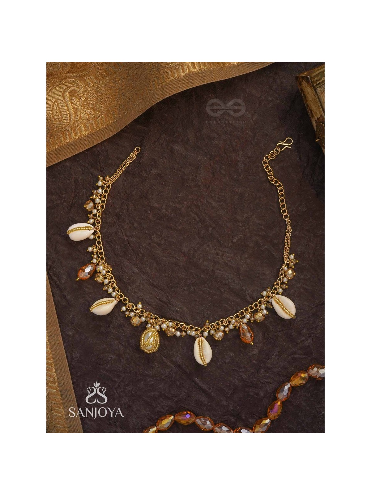 Astrta - Ivory Snowdrops -  Beads, Shells And Glass Drop Hand Embroidered Neckpiece