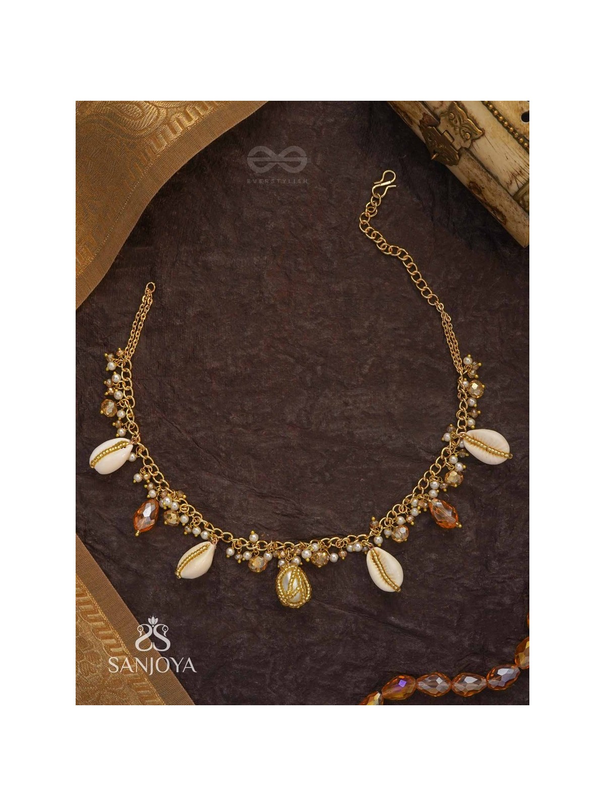 Astrta - Ivory Snowdrops -  Beads, Shells And Glass Drop Hand Embroidered Neckpiece