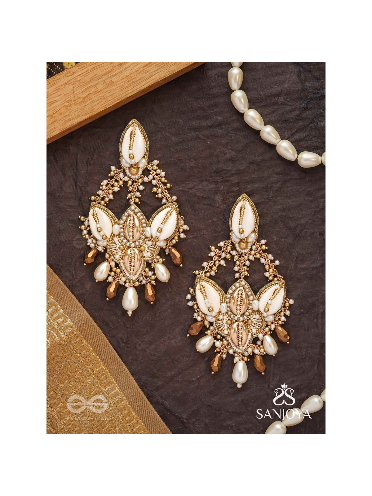 Kirmi - Shimmering Sparkles - Beads, Shells And Glass Drop Hand Embroidered Earrings