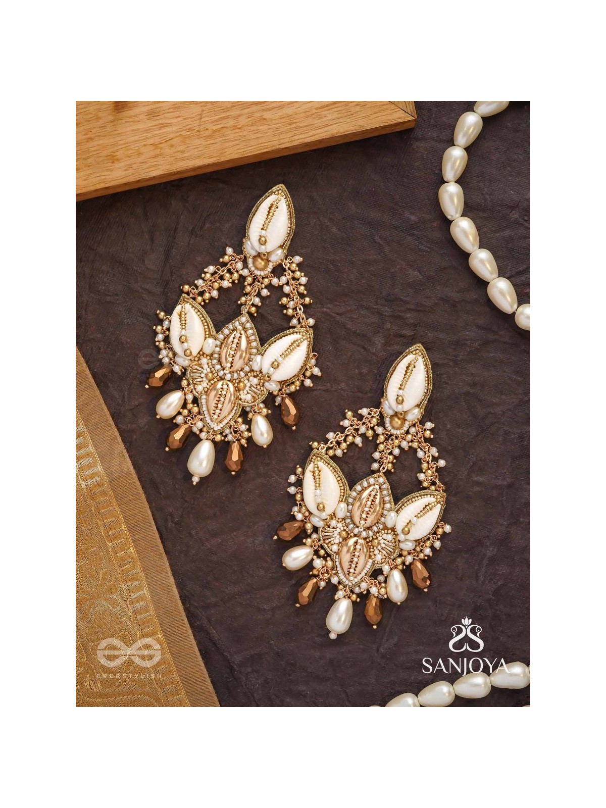 Kirmi - Shimmering Sparkles - Beads, Shells And Glass Drop Hand Embroidered Earrings