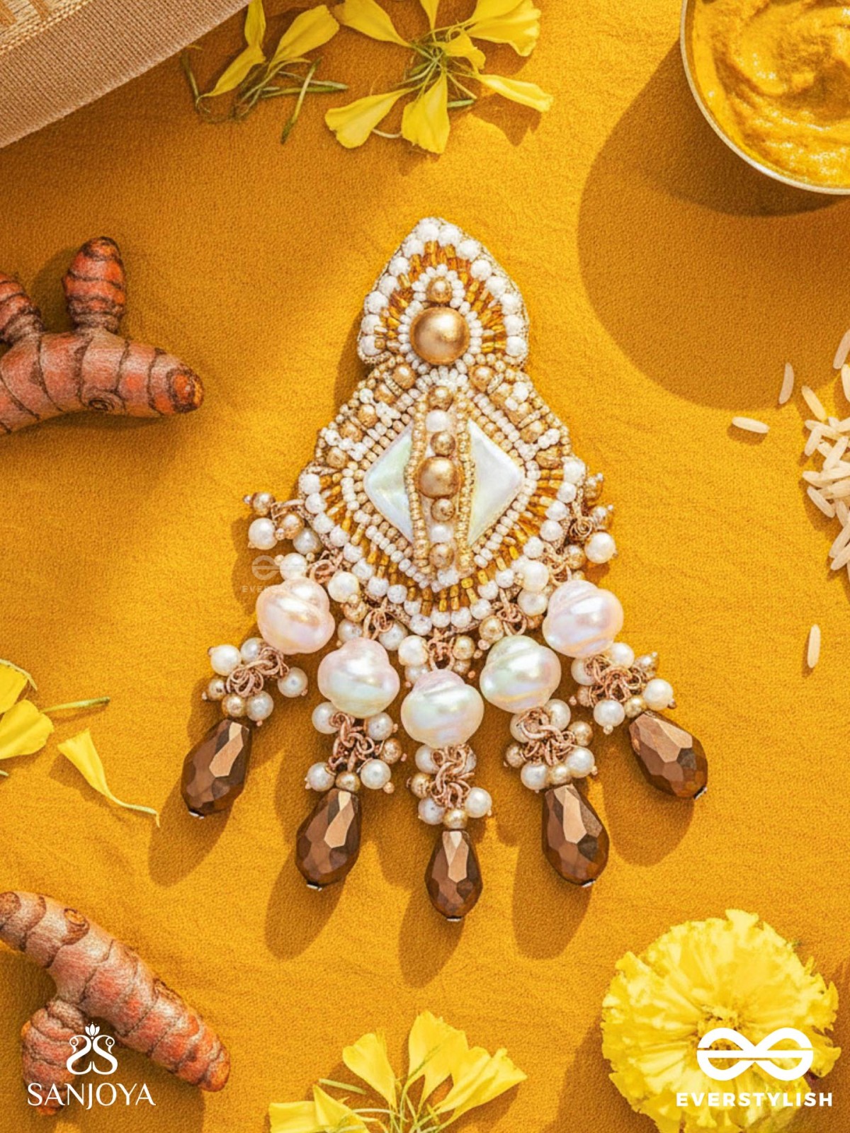 Hairanyika - The Ivory Aurora - Beads And Glass Drops Hand Embroidered Earrings