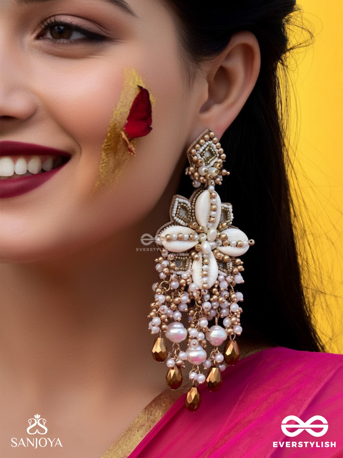 Sambuka- The Golden Snowflakes - Beads, Shells And Glass Drop Hand Embroidered Earrings