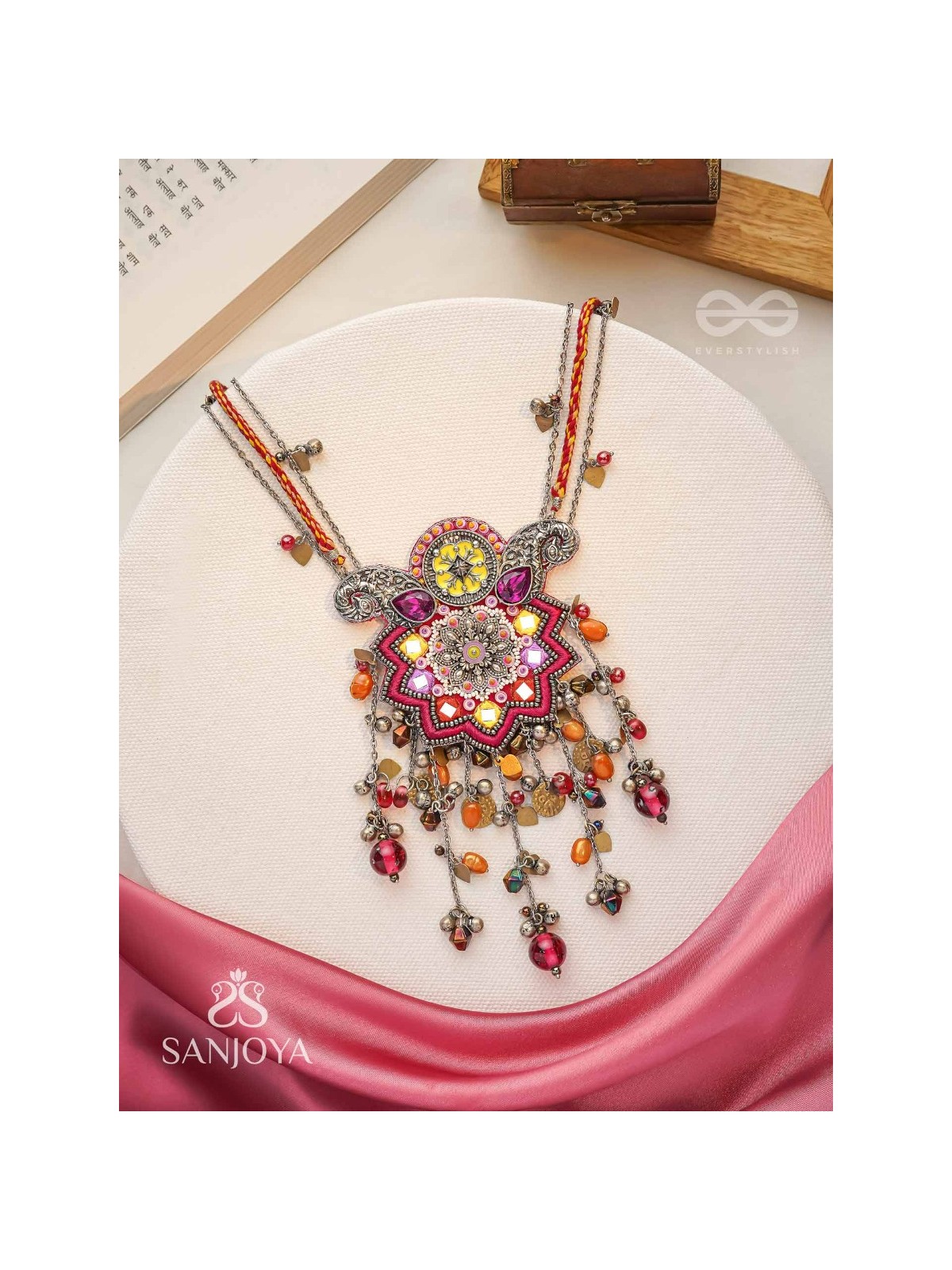 Ucchvasita - The Royal Bloom - Stones, Mirror And Beads Hand Embroidered Oxidized Neckpiece