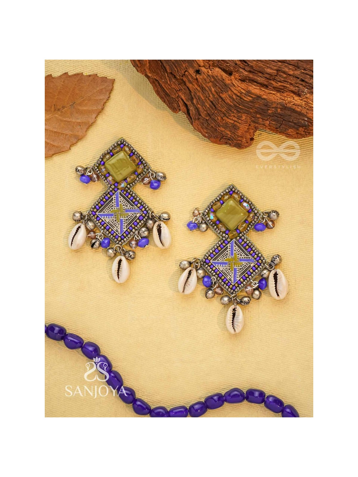 Dvikarani - The Sea Sky - Stone, Shells And Beads Enamelled Hand Embroidered Oxidised Earrings