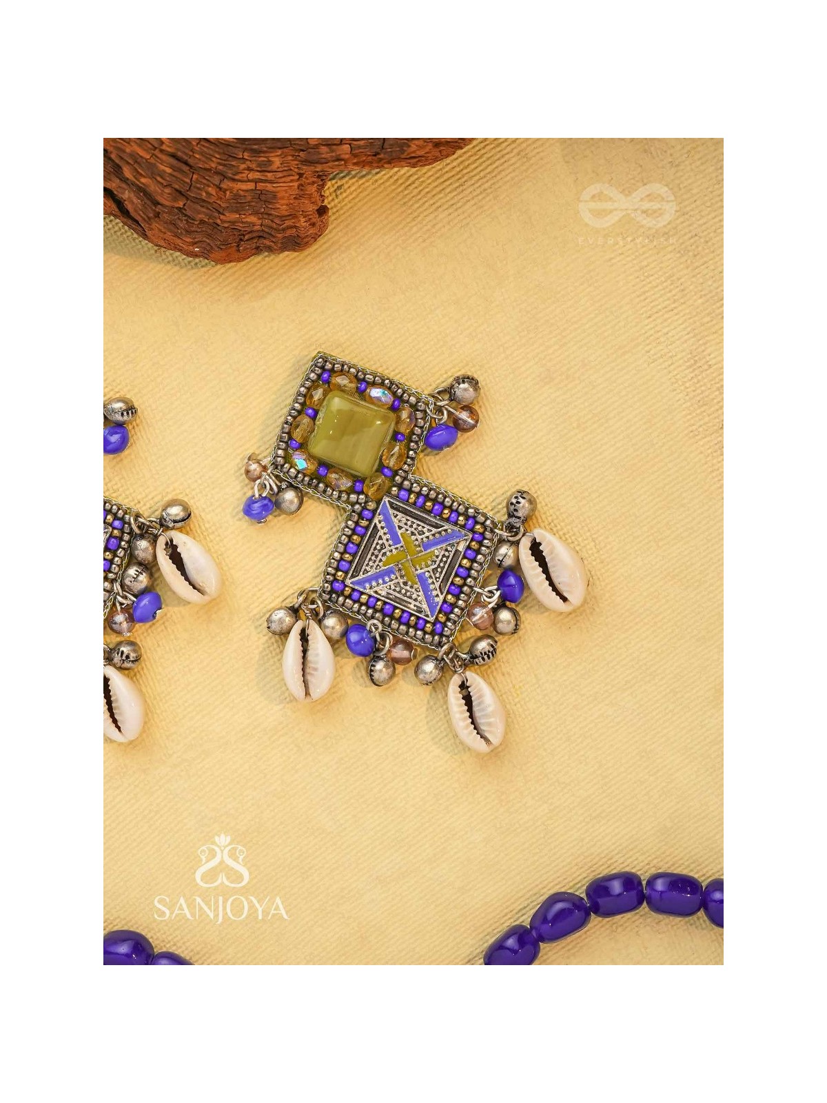 Dvikarani - The Sea Sky - Stone, Shells And Beads Enamelled Hand Embroidered Oxidised Earrings