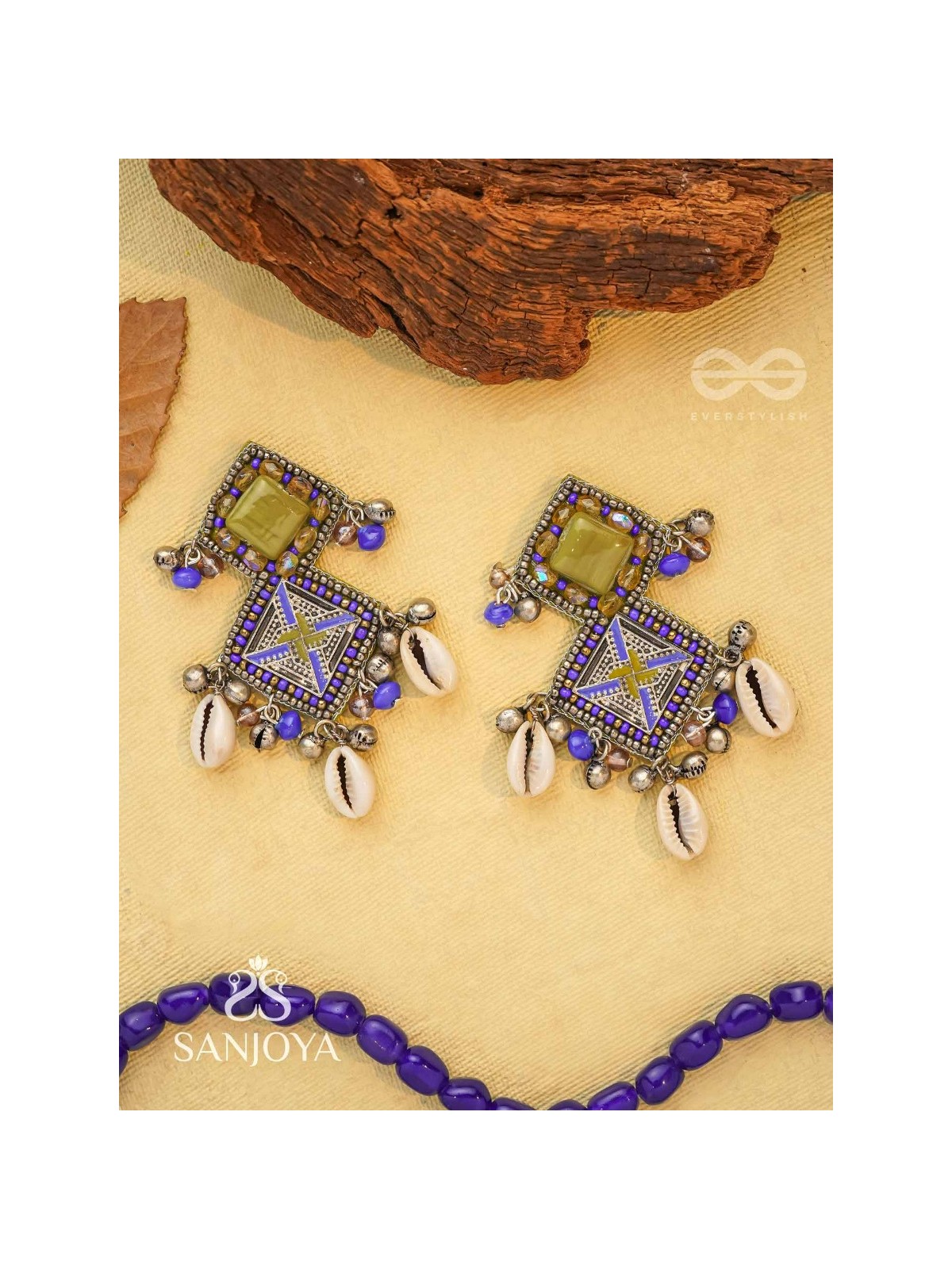 Dvikarani - The Sea Sky - Stone, Shells And Beads Enamelled Hand Embroidered Oxidised Earrings