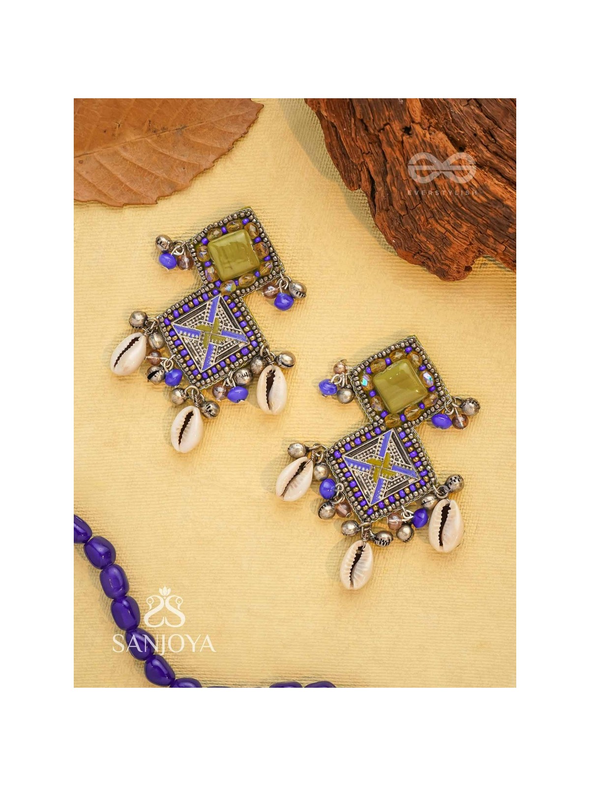 Dvikarani - The Sea Sky - Stone, Shells And Beads Enamelled Hand Embroidered Oxidised Earrings