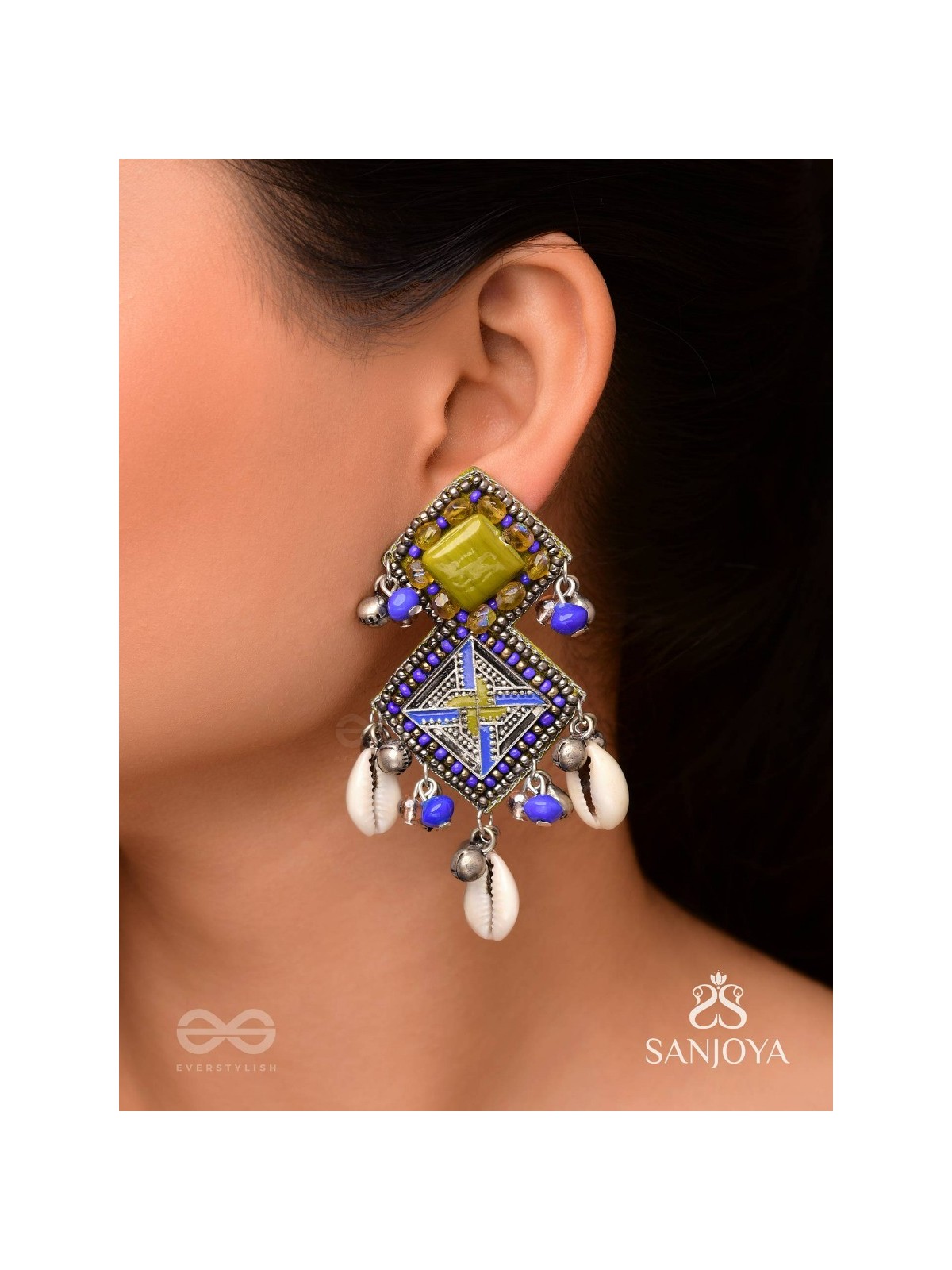 Dvikarani - The Sea Sky - Stone, Shells And Beads Enamelled Hand Embroidered Oxidised Earrings
