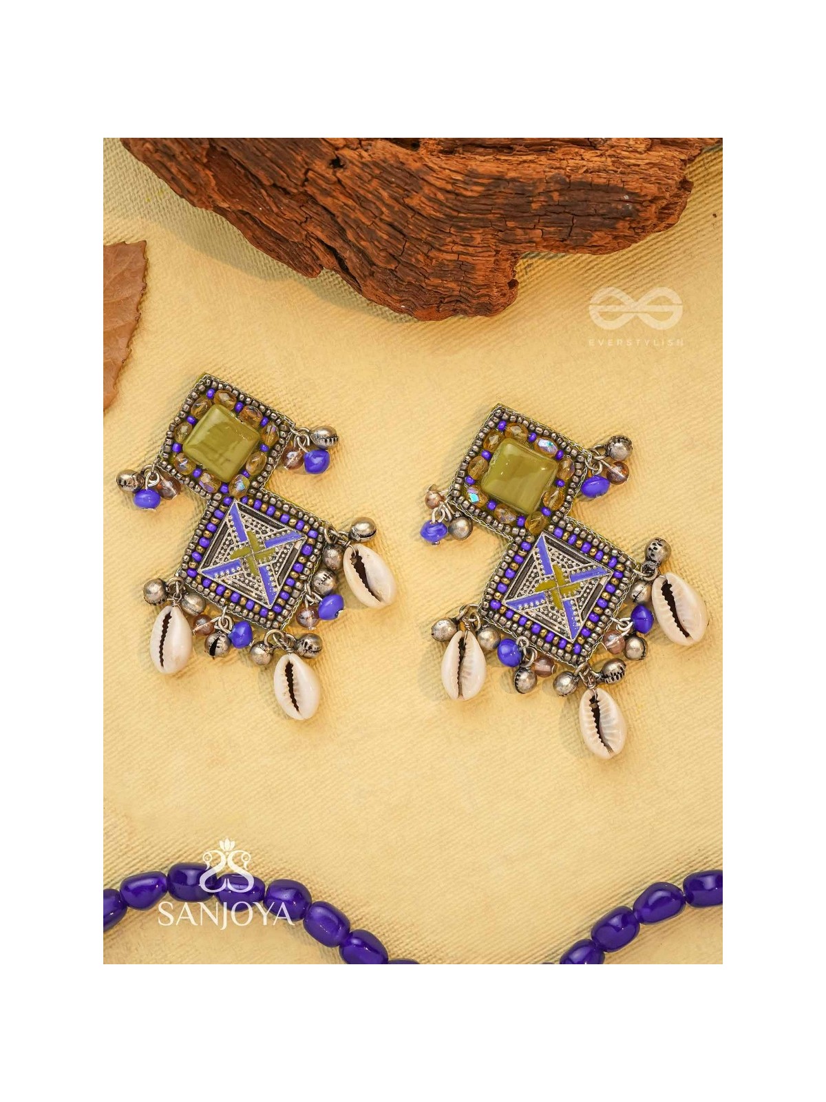 Dvikarani - The Sea Sky - Stone, Shells And Beads Enamelled Hand Embroidered Oxidised Earrings