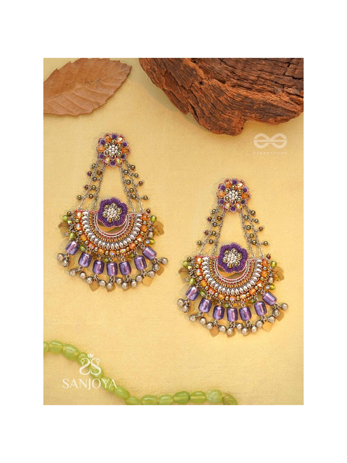 Anandabhuj- The Auroral Merriment- Resham, Beads And Glass Drops Hand Embroidered Oxidised Earrings