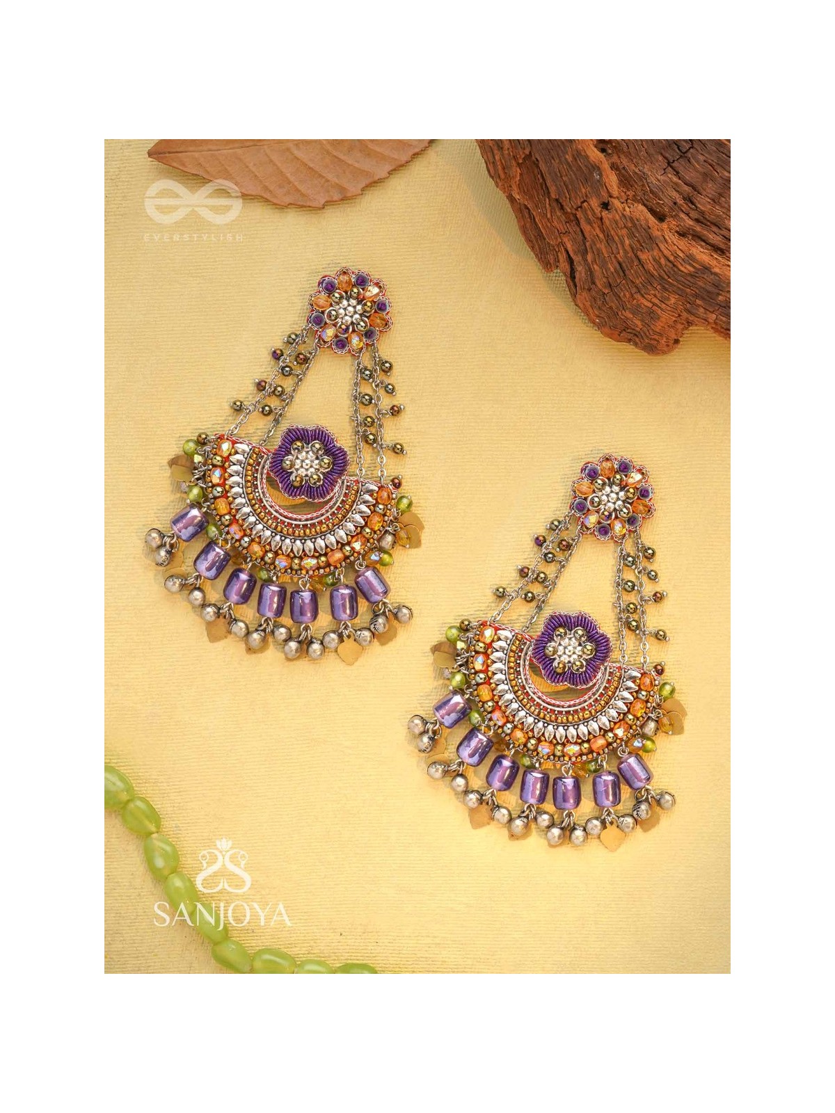 Anandabhuj- The Auroral Merriment- Resham, Beads And Glass Drops Hand Embroidered Oxidised Earrings