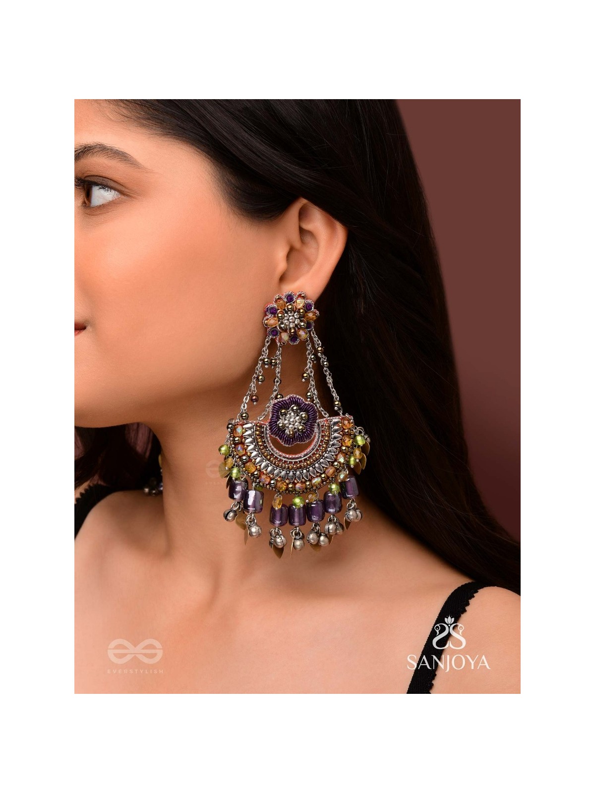 Anandabhuj- The Auroral Merriment- Resham, Beads And Glass Drops Hand Embroidered Oxidised Earrings