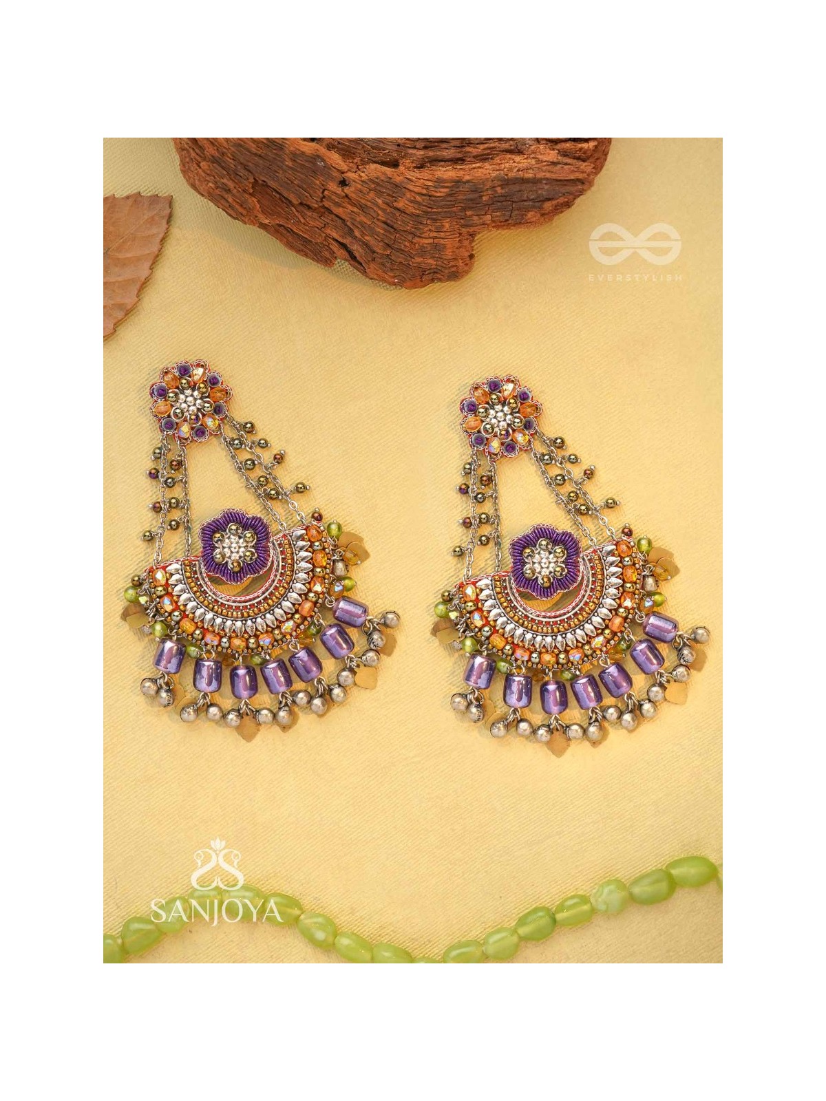 Anandabhuj- The Auroral Merriment- Resham, Beads And Glass Drops Hand Embroidered Oxidised Earrings