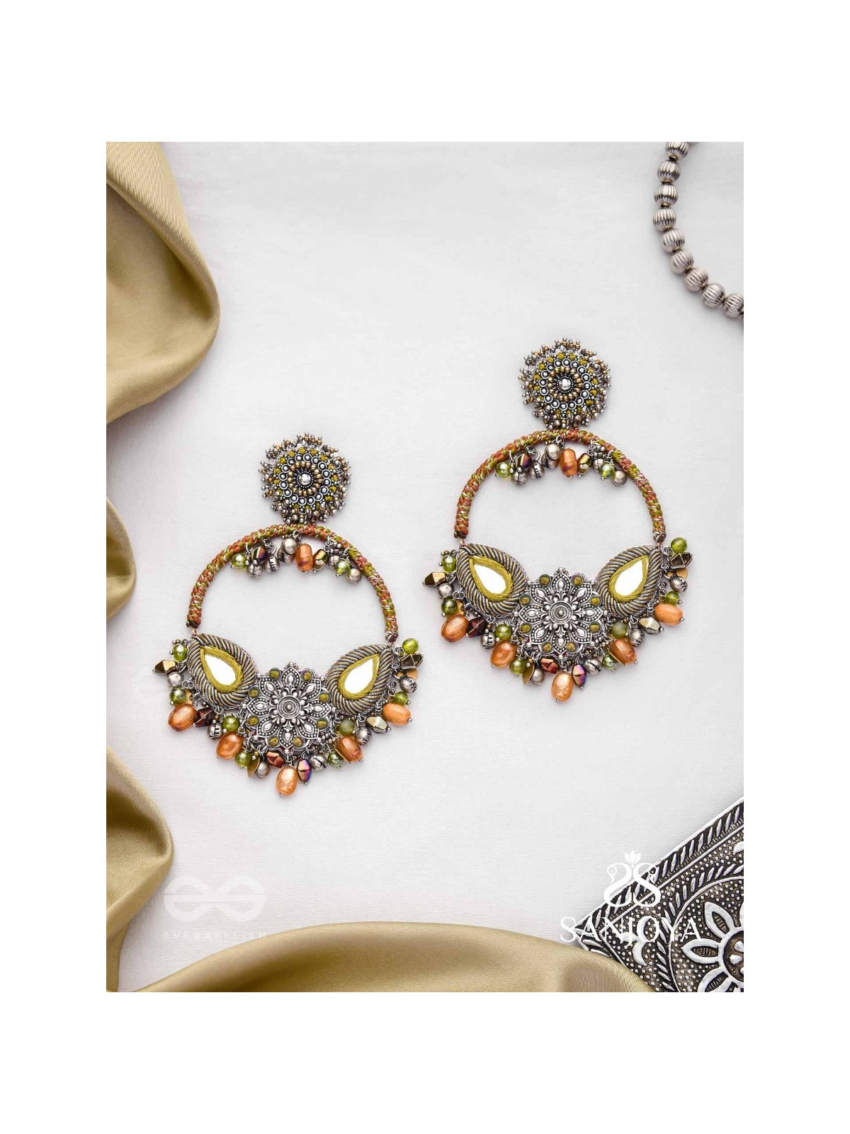 Haarin- The Divine Deer- Resham, Mirror And Glass Drops Hand Embroidered Oxidised Earrings