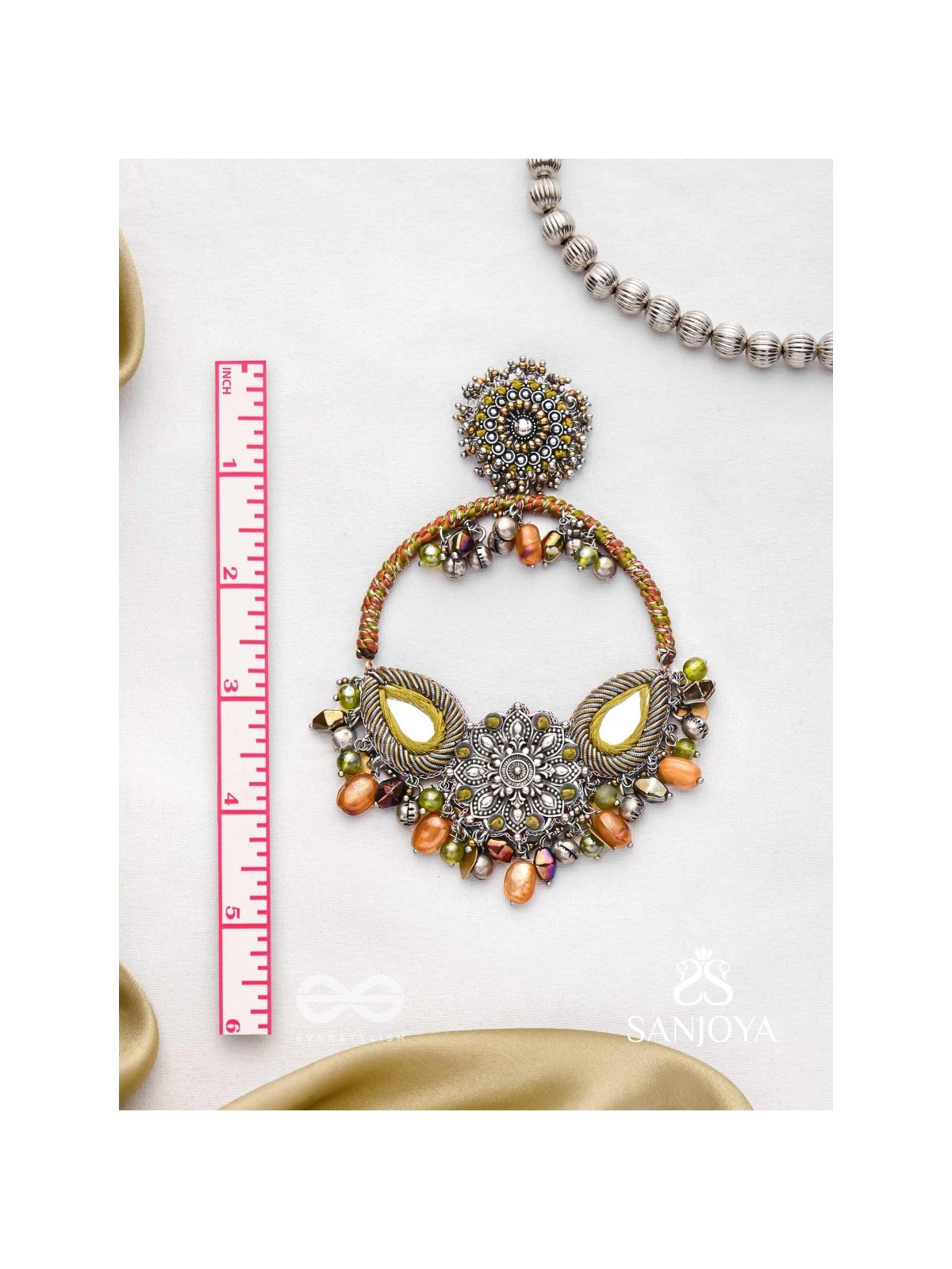 Haarin- The Divine Deer- Resham, Mirror And Glass Drops Hand Embroidered Oxidised Earrings