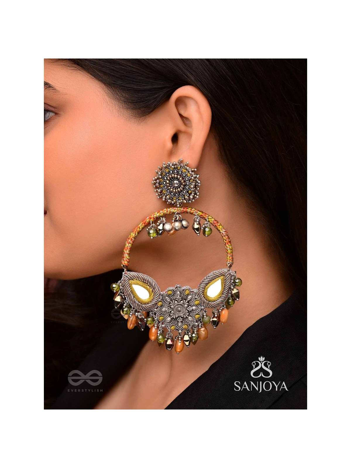 Haarin- The Divine Deer- Resham, Mirror And Glass Drops Hand Embroidered Oxidised Earrings