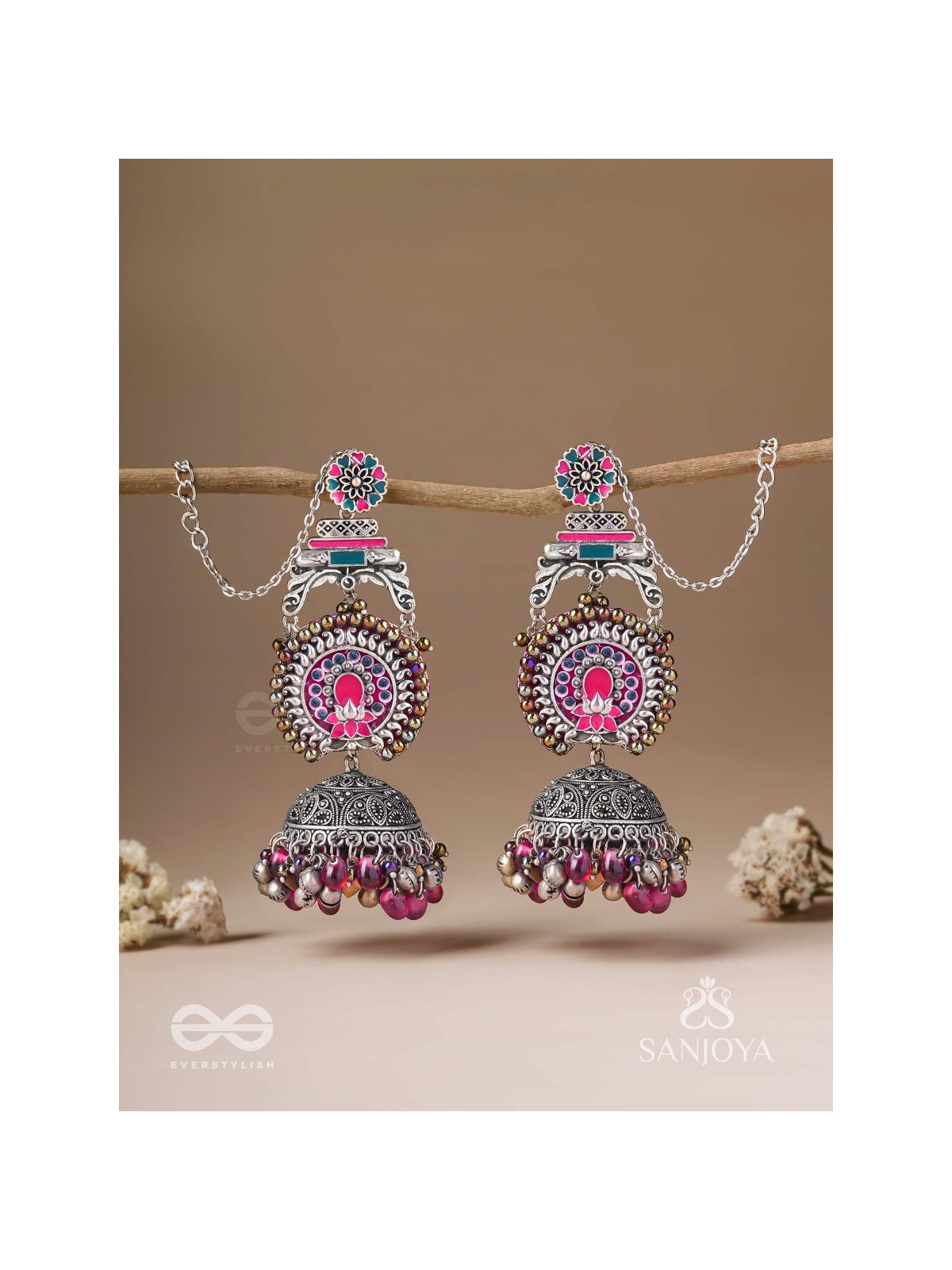 Anikini - The Lotus Manifestation- Enamelled Oxidised Chain Jhumka Earrings