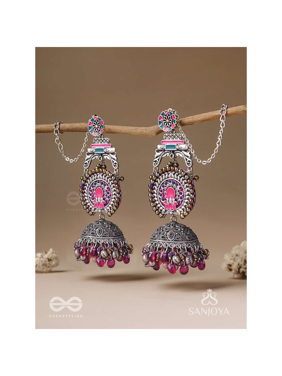 Anikini - The Lotus Manifestation- Enamelled Oxidised Chain Jhumka Earrings