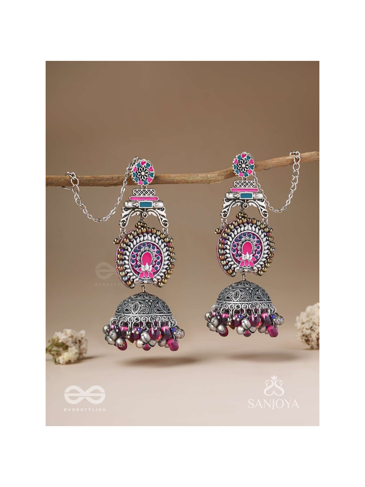 Anikini - The Lotus Manifestation- Enamelled Oxidised Chain Jhumka Earrings
