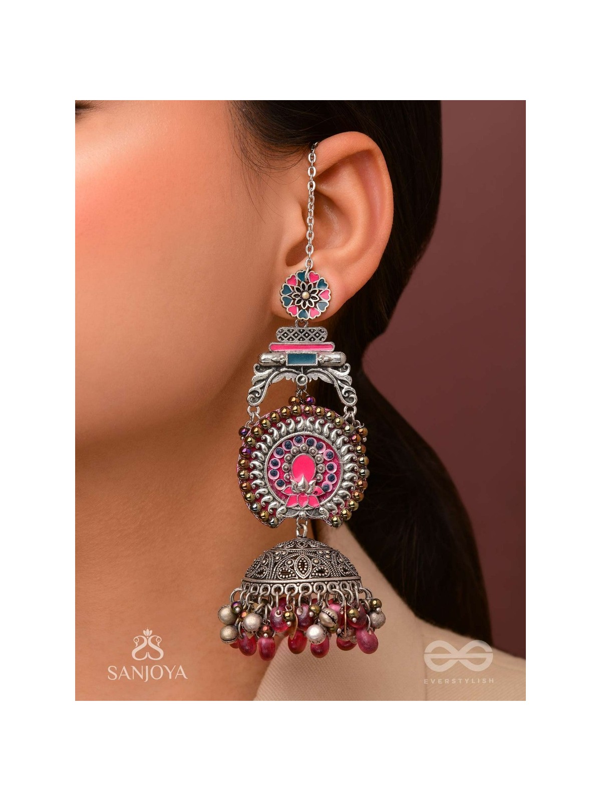 Anikini - The Lotus Manifestation- Enamelled Oxidised Chain Jhumka Earrings