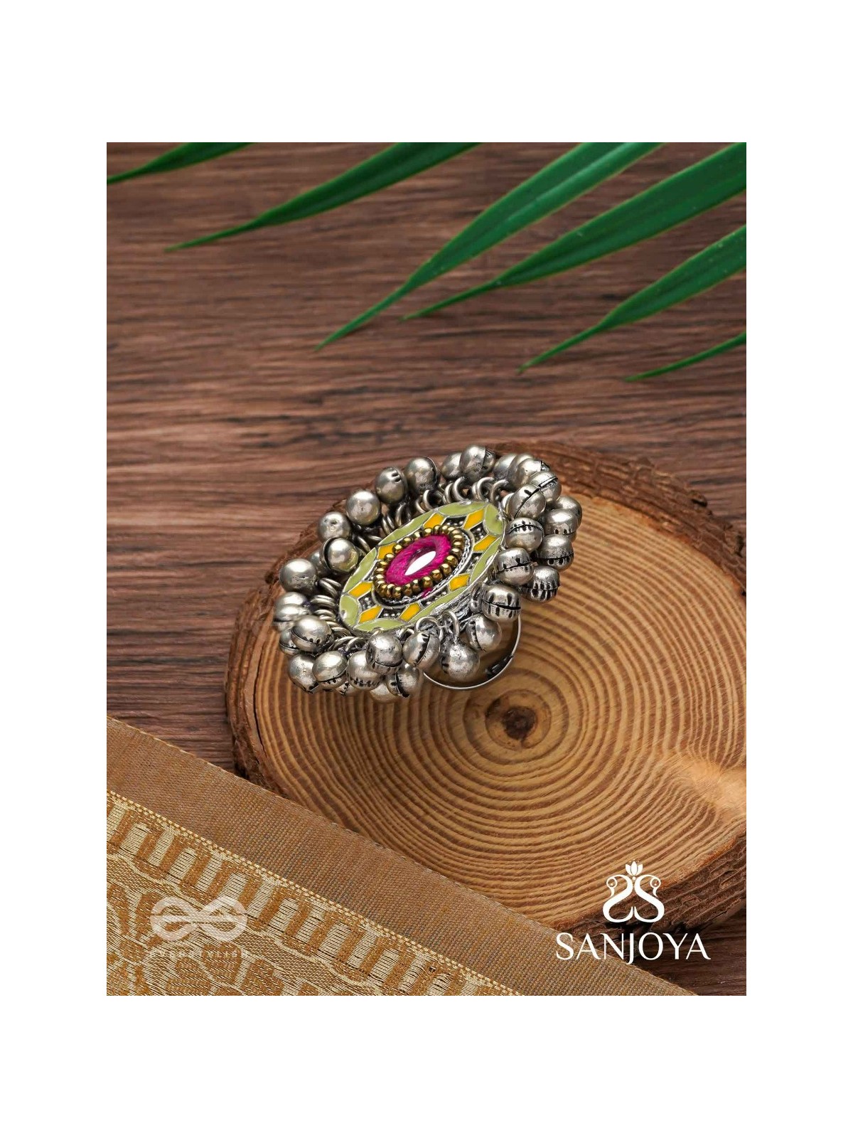 Ekatala - The Colorful Melody - Mirror And Beads Hand Embroidered Enamelled Oxidised Ring