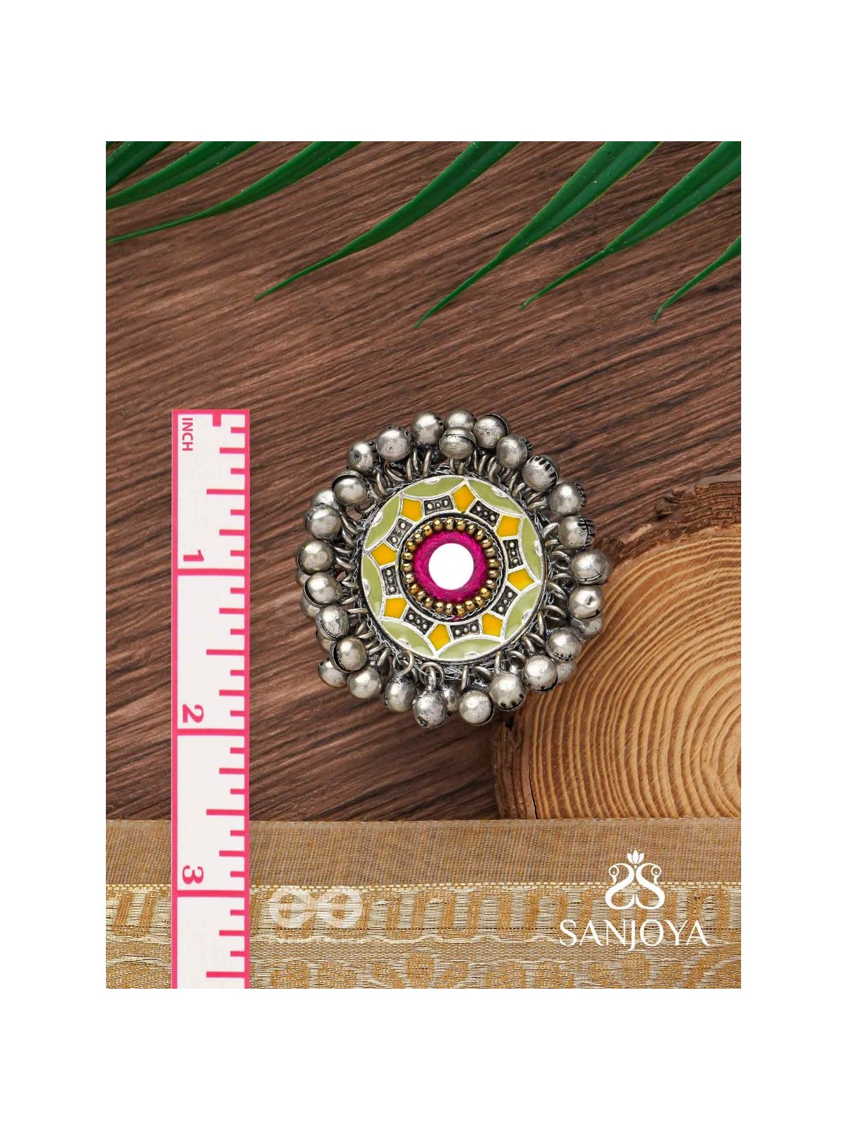 Ekatala - The Colorful Melody - Mirror And Beads Hand Embroidered Enamelled Oxidised Ring