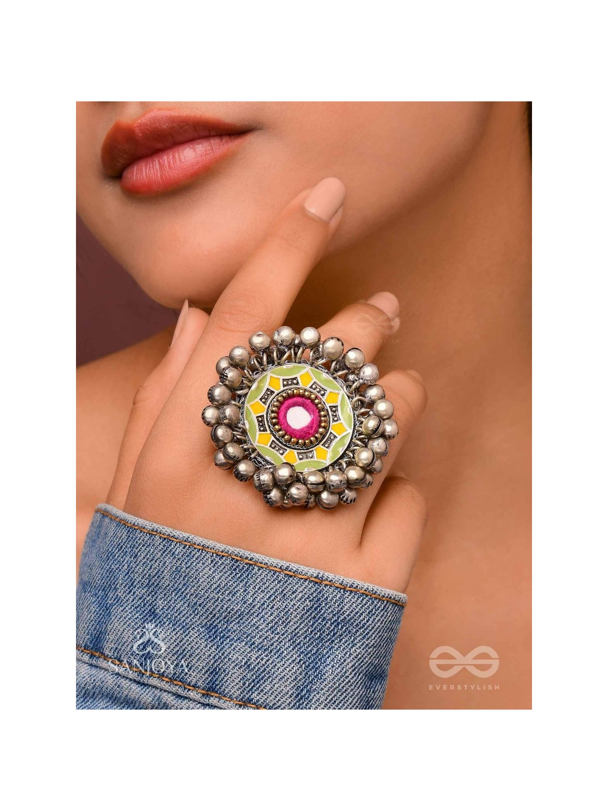 Ekatala - The Colorful Melody - Mirror And Beads Hand Embroidered Enamelled Oxidised Ring