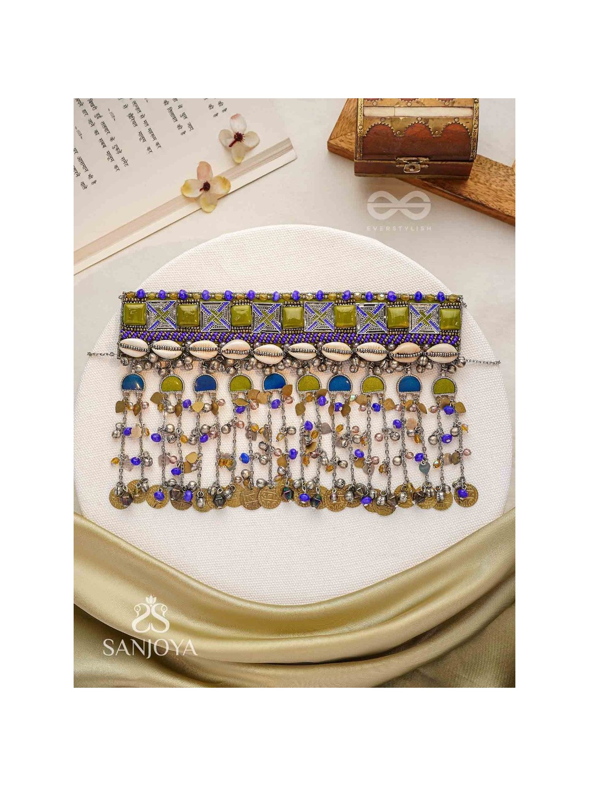 Bhumimaye - The Earthy Cadence - Shells, Beads And Coins Enamelled Hand Embroidered Oxidised Choker Neckpiece