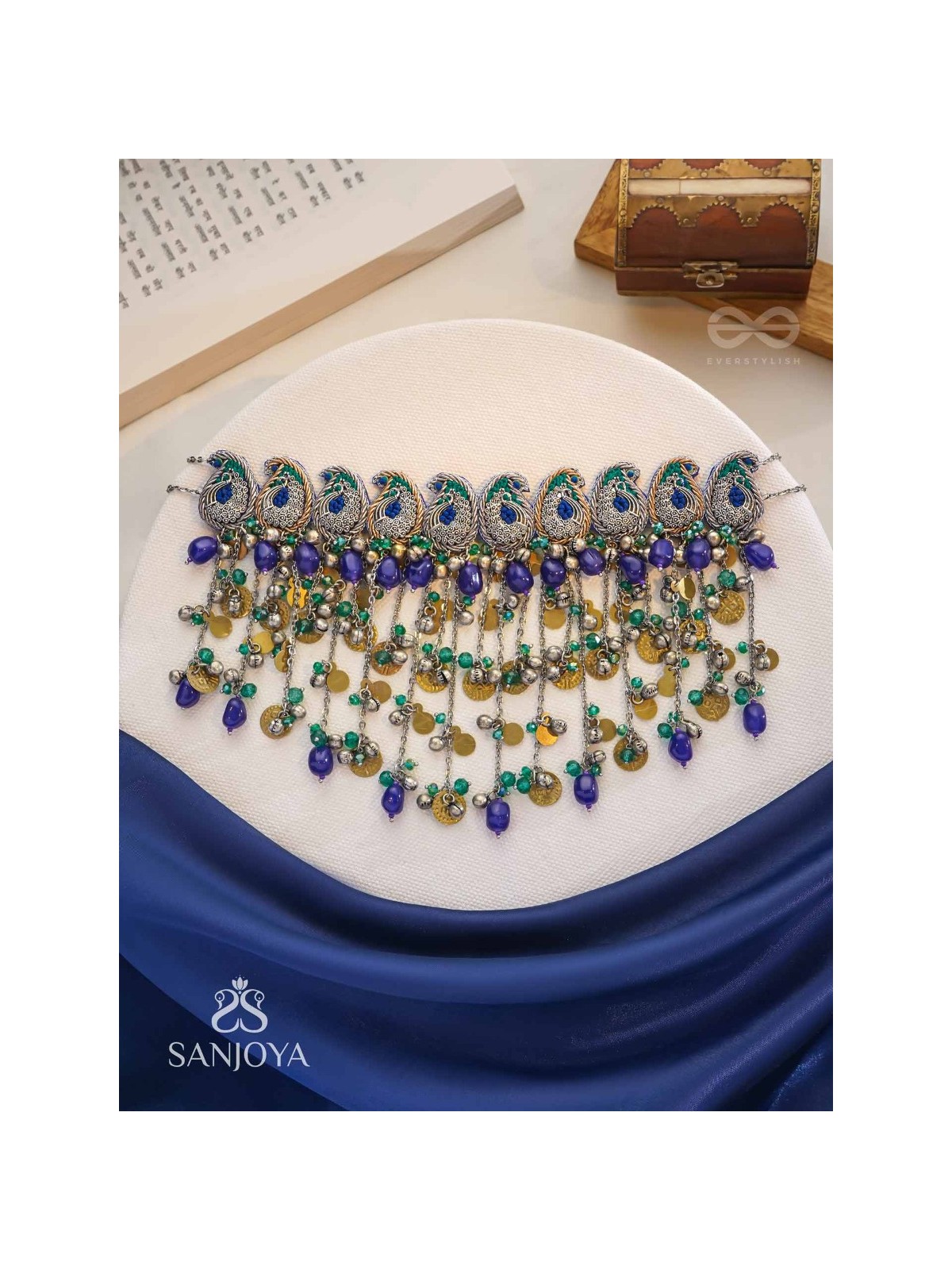 Saikhina - The Drizzling Dance - Glass Beads And Coins Hand Embroidered Oxidised Neckpiece