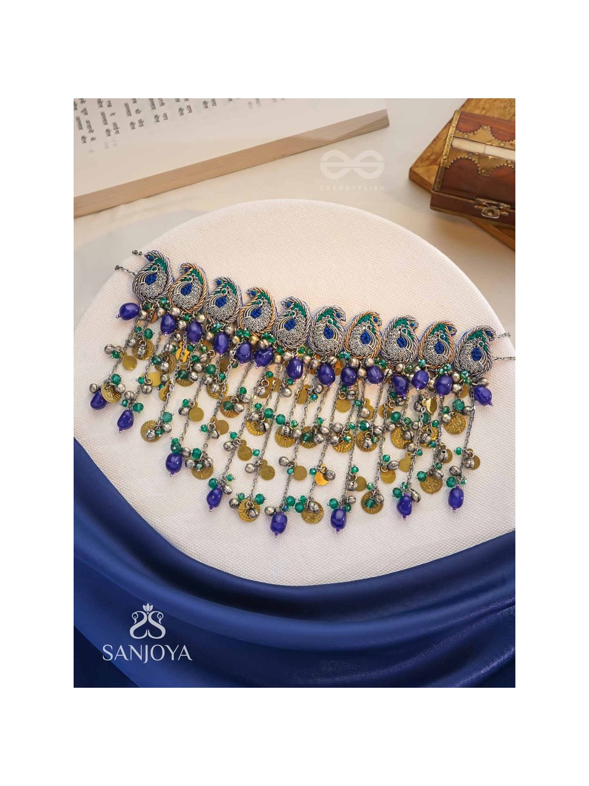 Saikhina - The Drizzling Dance - Glass Beads And Coins Hand Embroidered Oxidised Neckpiece