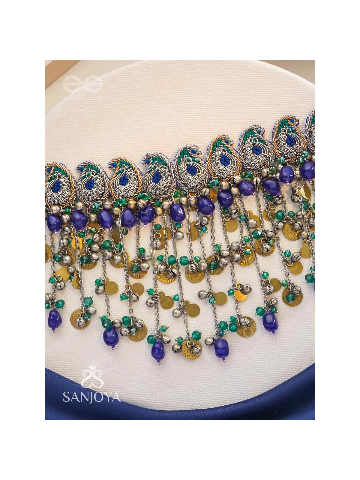 Saikhina - The Drizzling Dance - Glass Beads And Coins Hand Embroidered Oxidised Neckpiece