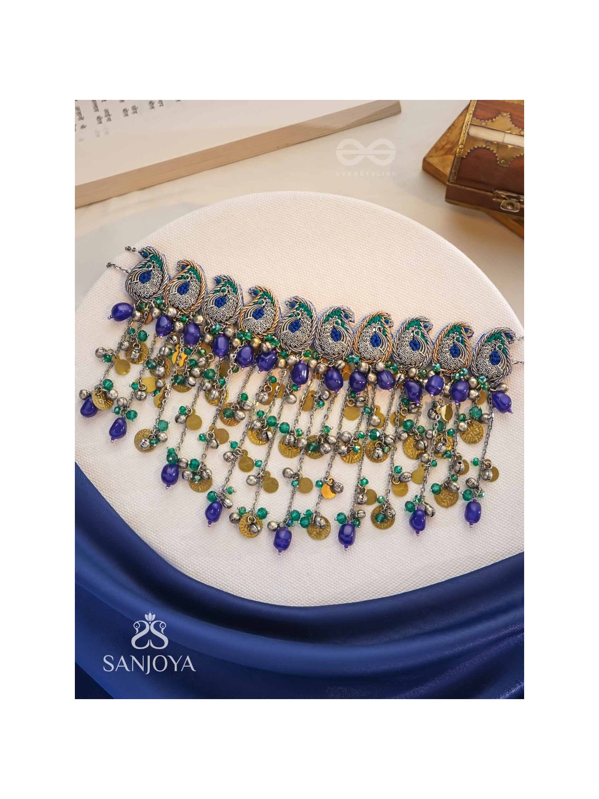 Saikhina - The Drizzling Dance - Glass Beads And Coins Hand Embroidered Oxidised Neckpiece