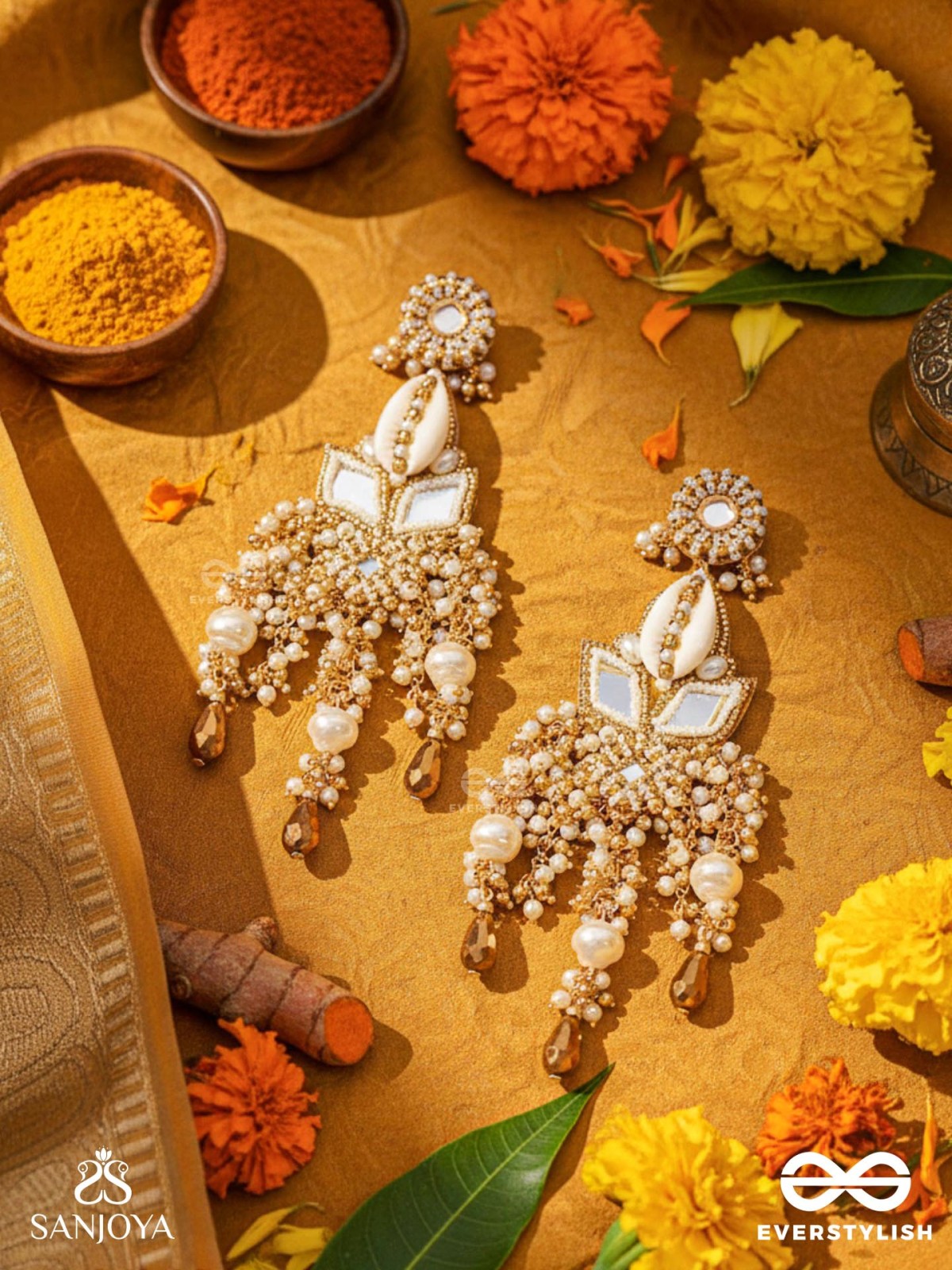 Sahasra - Golden Waves Whisper- Beads, Shells And Glass Drop Hand Embroidered Earrings