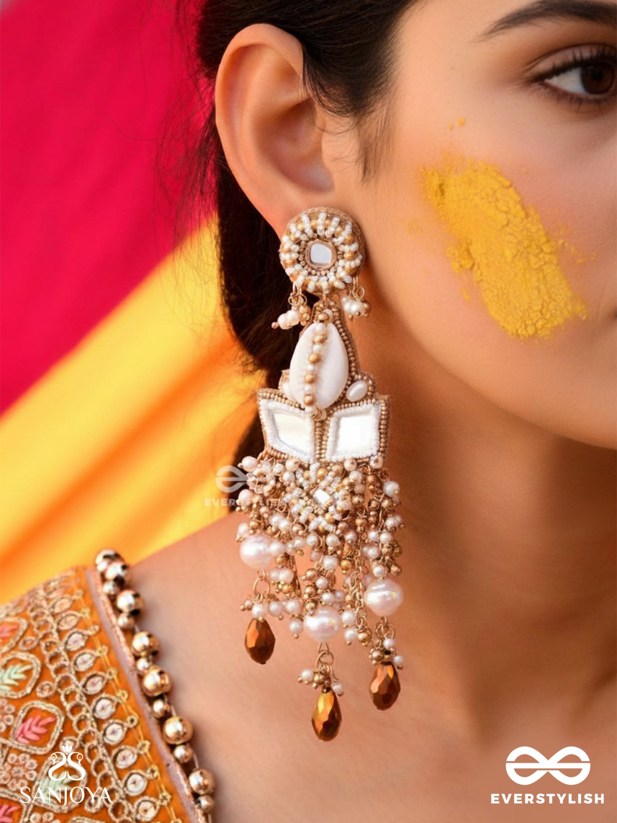 Sahasra - Golden Waves Whisper- Beads, Shells And Glass Drop Hand Embroidered Earrings