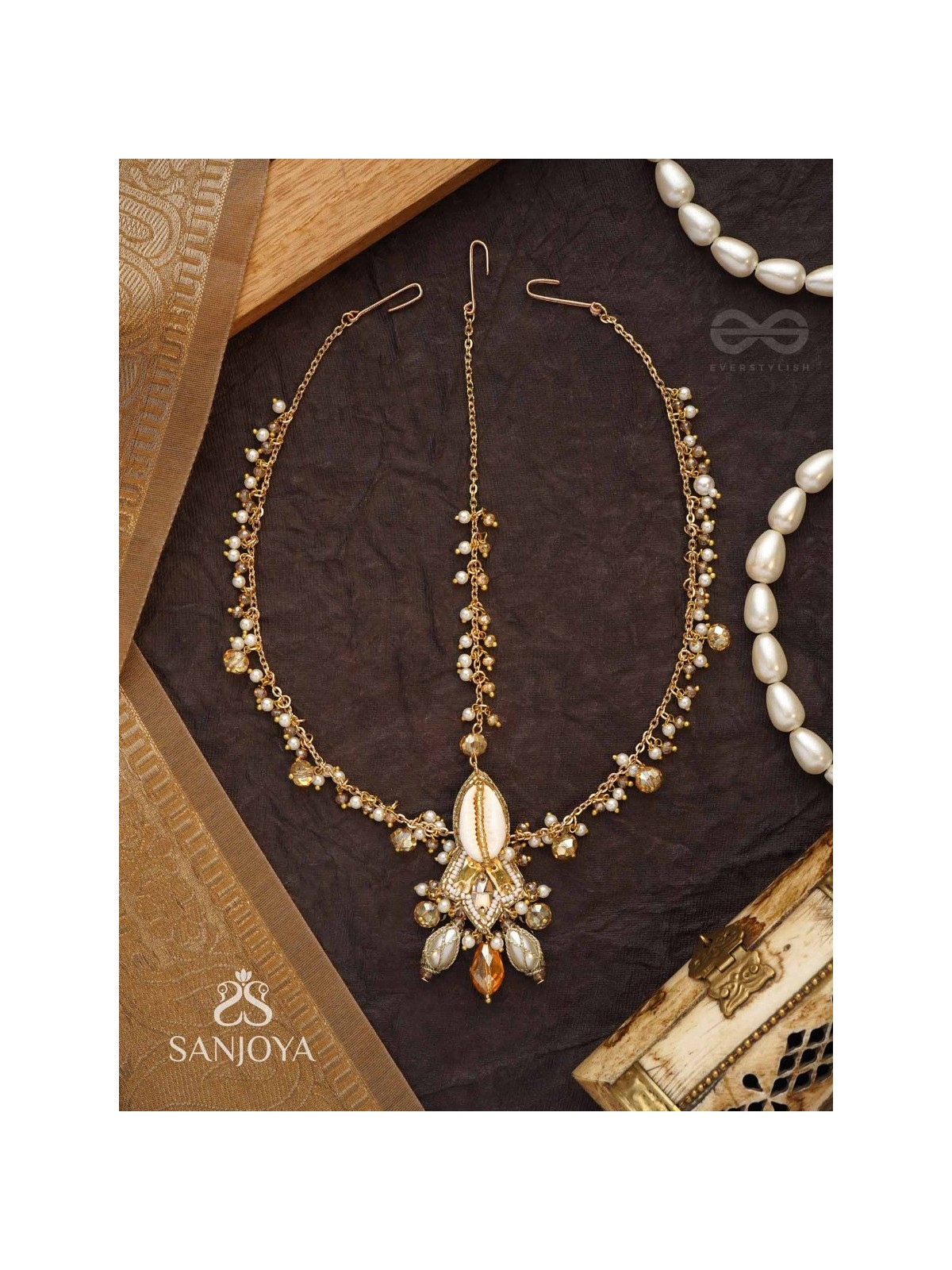 Daksayanina - Champagne Frost - Beads, Shells And Glass Drops Hand Embroidered Maangtika