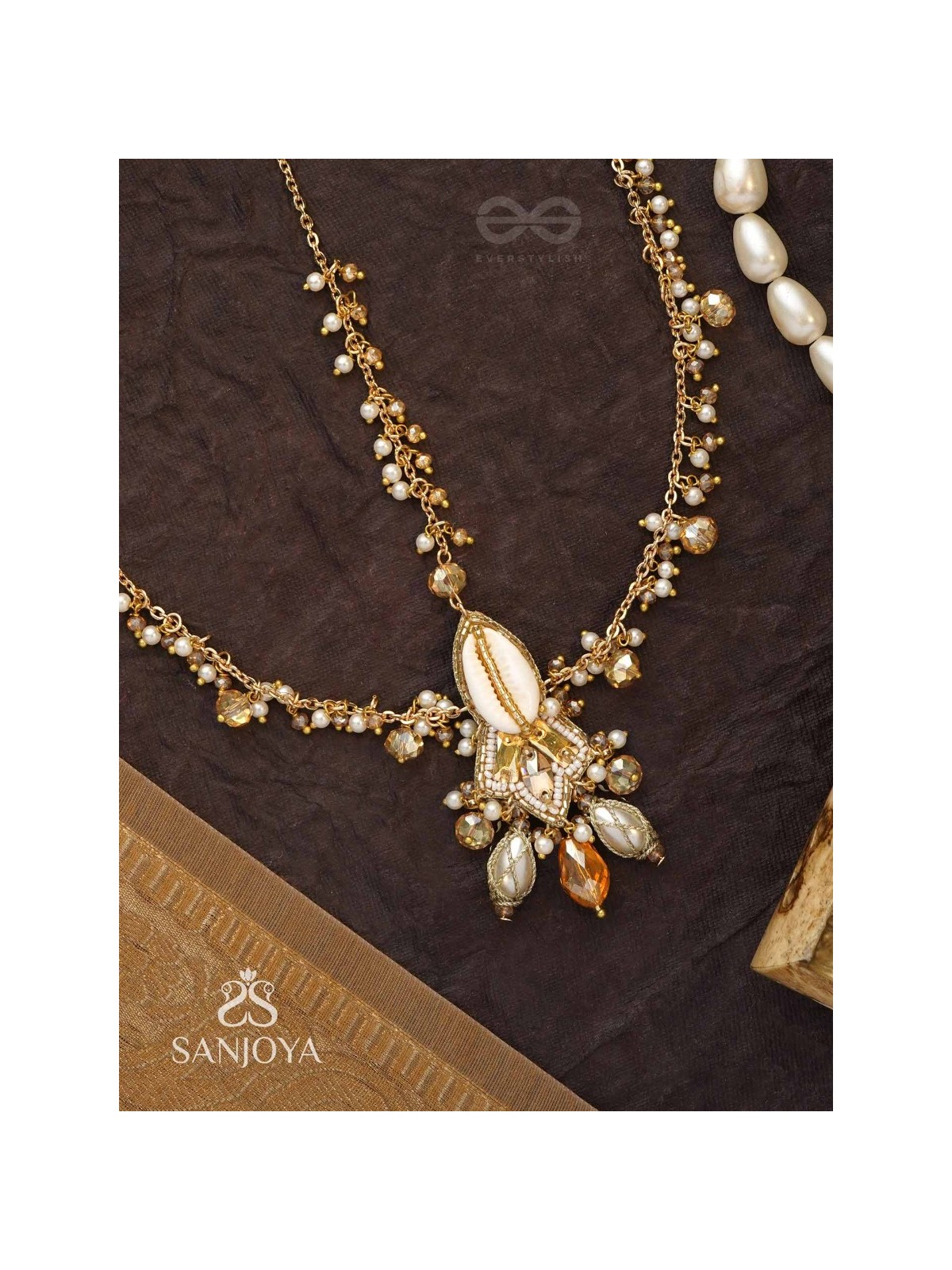 Daksayanina - Champagne Frost - Beads, Shells And Glass Drops Hand Embroidered Maangtika