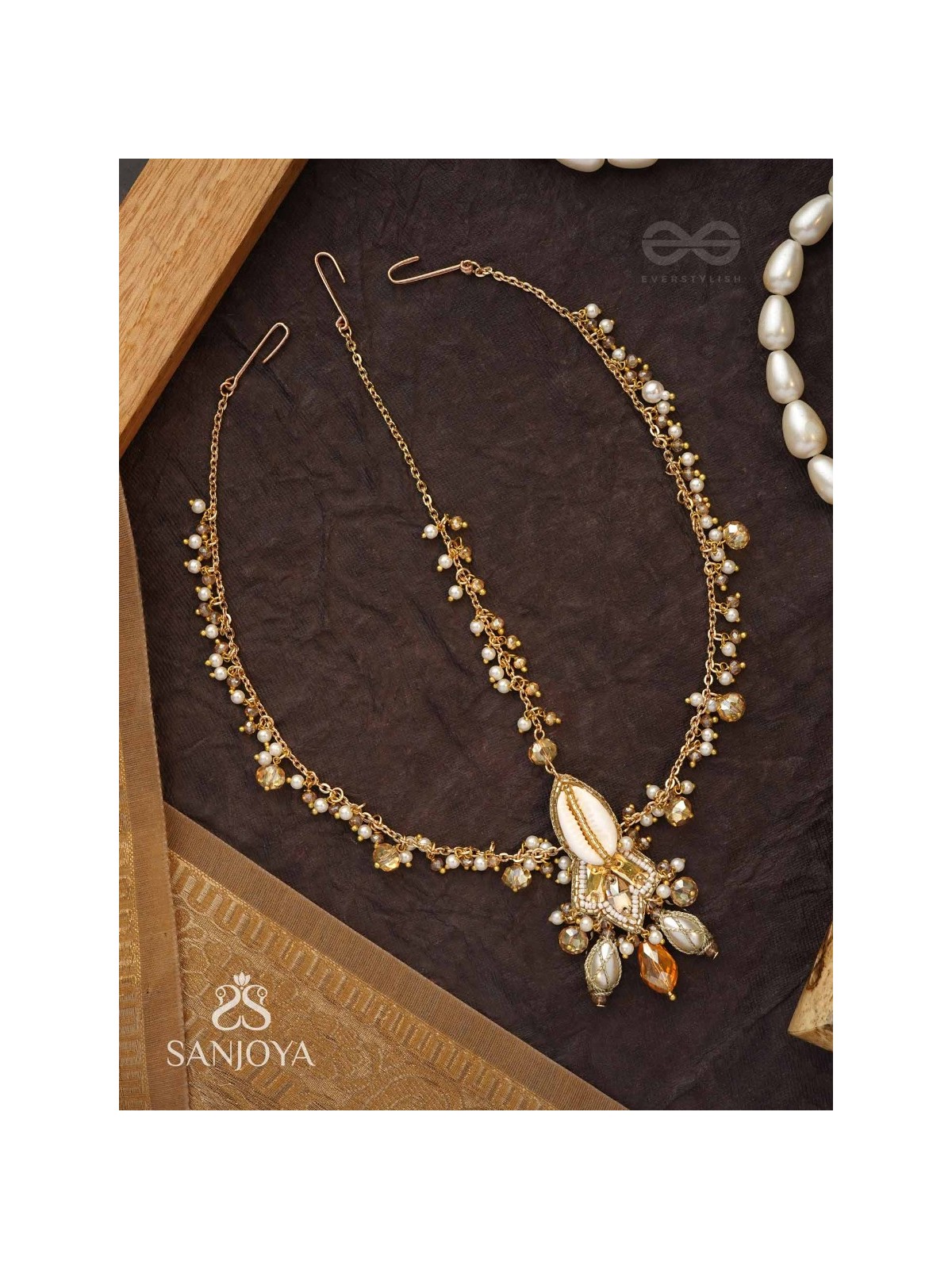 Daksayanina - Champagne Frost - Beads, Shells And Glass Drops Hand Embroidered Maangtika