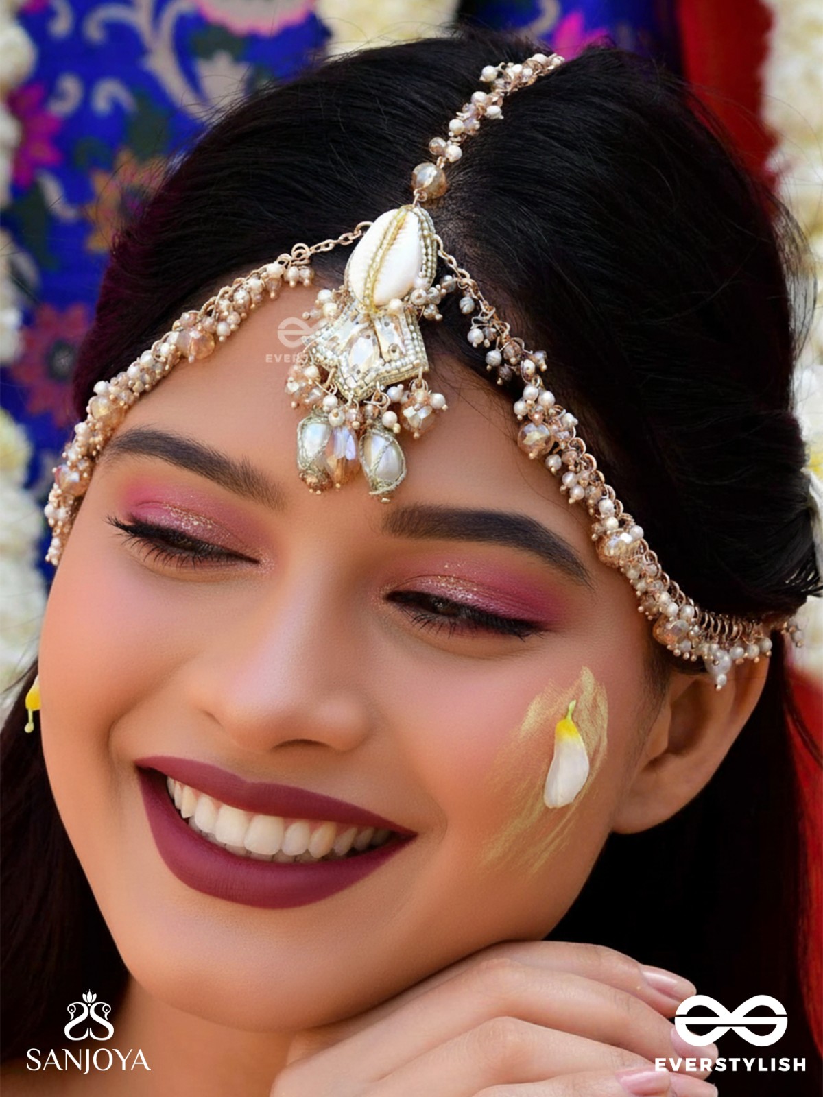 Daksayanina - Champagne Frost - Beads, Shells And Glass Drops Hand Embroidered Maangtika