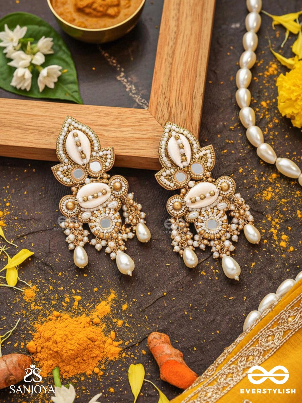 Savitra - Frosty Lily - Beads, Shells And Pearl Drops Hand Embroidered Earrings