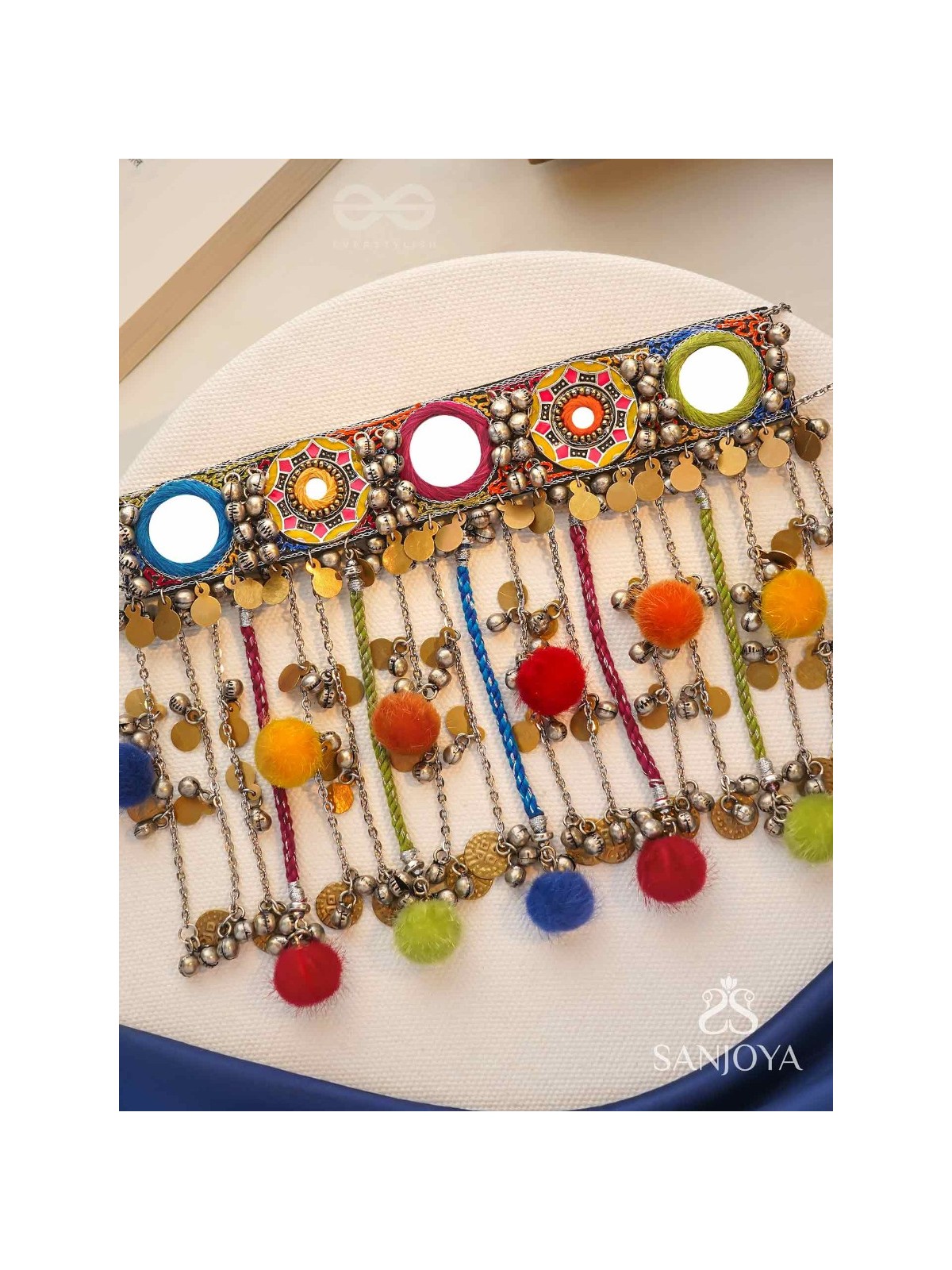 Varnaih - The Shades Of Life - Mirror, Beads And Coins Hand Embroidered Oxidised Neckpiece