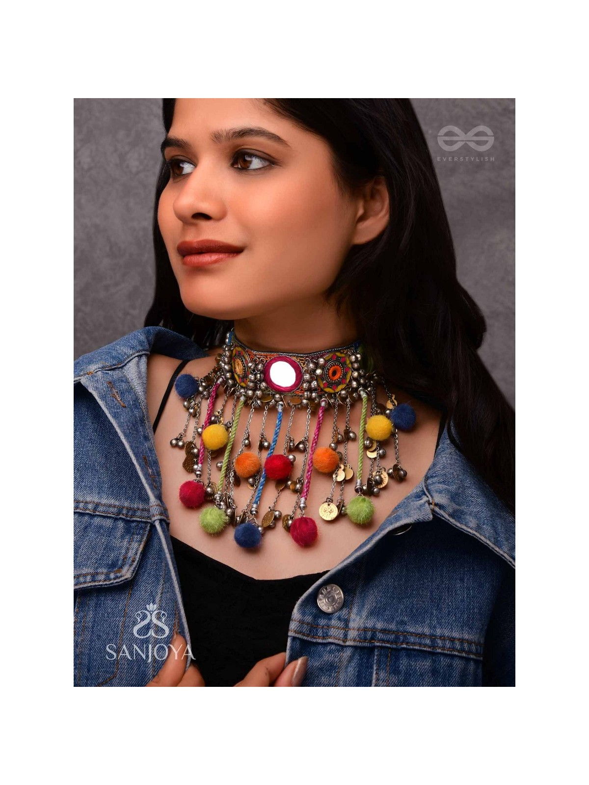 Varnaih - The Shades Of Life - Mirror, Beads And Coins Hand Embroidered Oxidised Neckpiece