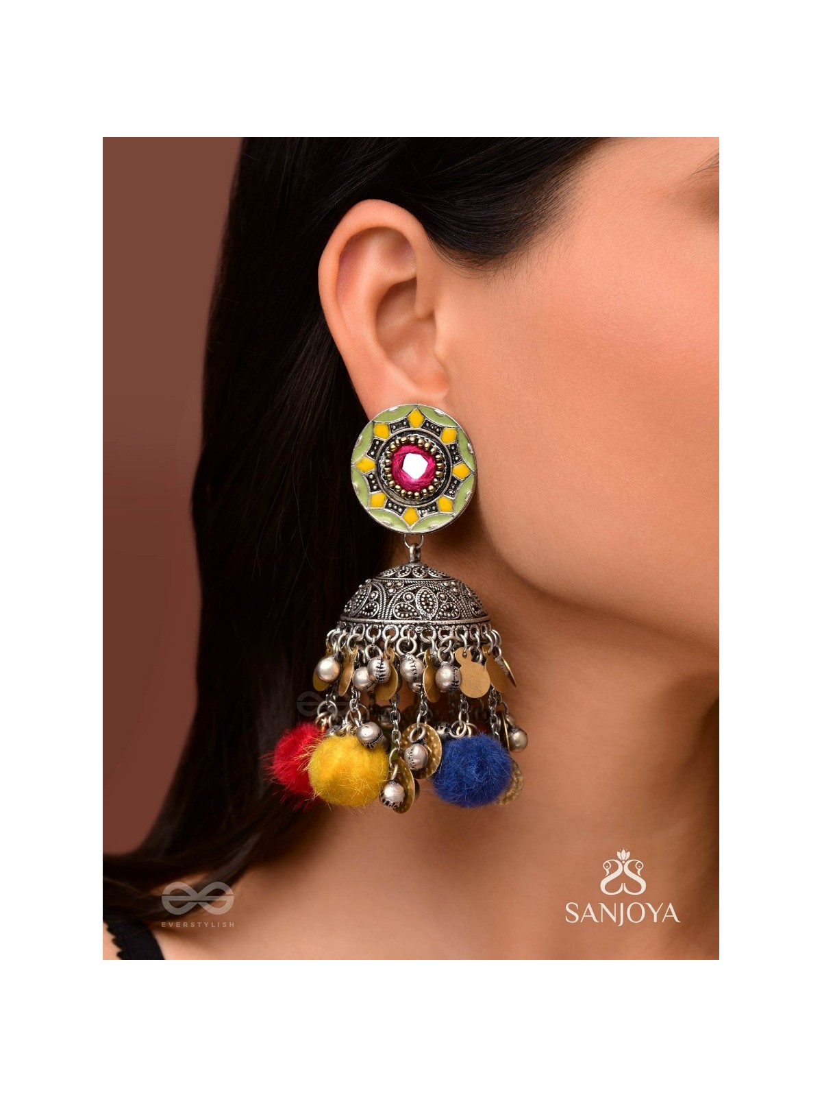 Asusama - Hues Of Happiness - Mirror And Coins Hand Embroidered Oxidised Jhumka Earrings