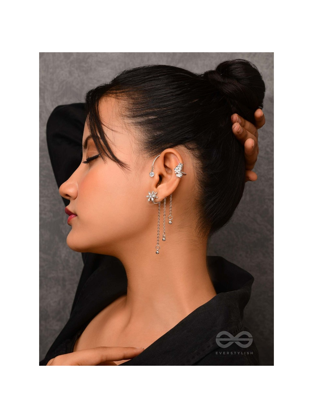 The Drizzling Stars - Silver Embellished Single Left Side Ear cuff (Non-Piercing)
