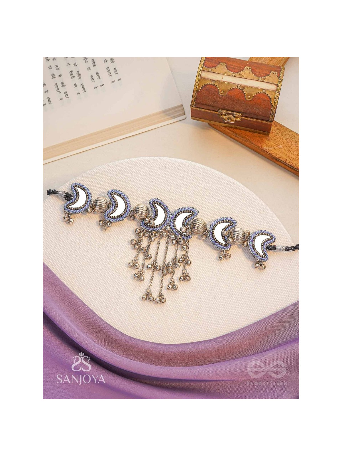 Ashvattha - The Blue Moon Night - Mirrors, Beads And Resham Hand Embroidered Oxidised Choker Neckpiece 