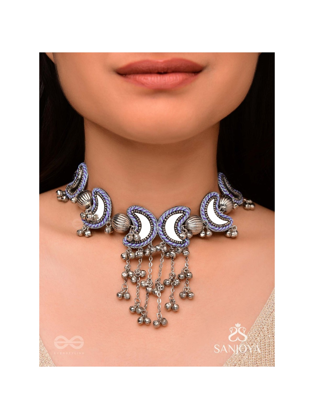 Ashvattha - The Blue Moon Night - Mirrors, Beads And Resham Hand Embroidered Oxidised Choker Neckpiece 