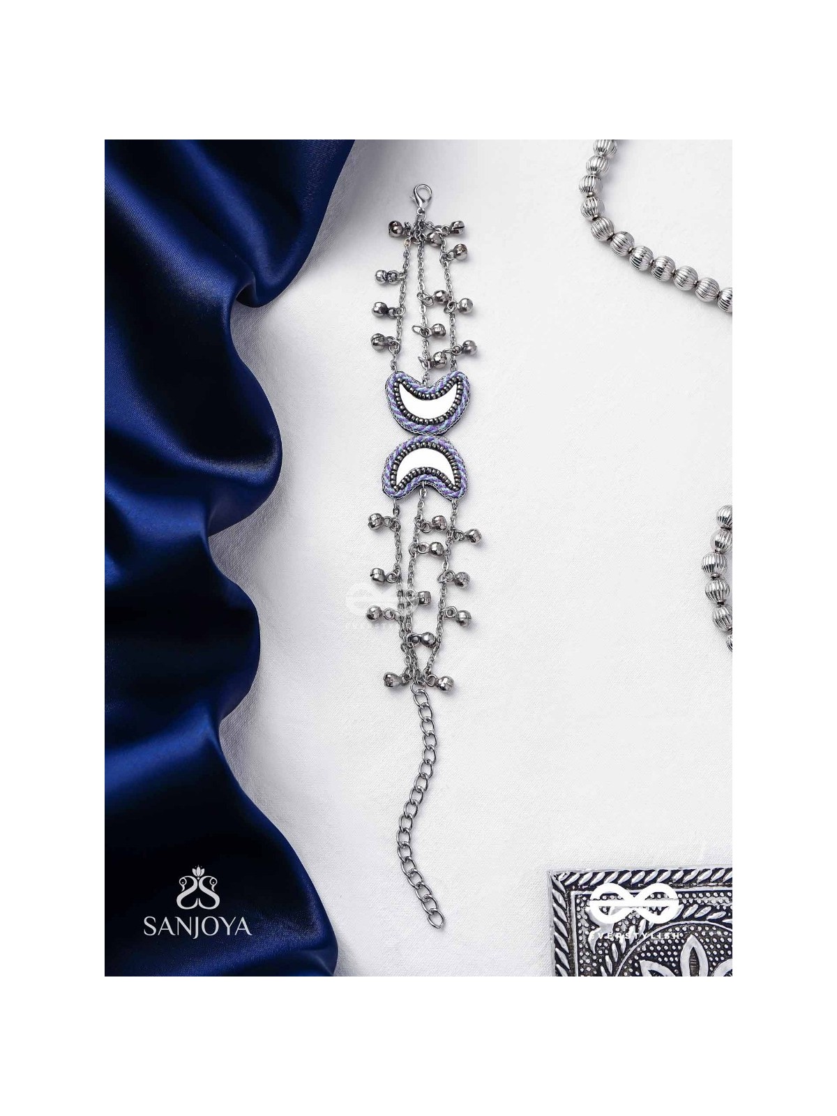 Chandrasalokya - The Lunar Twins - Mirrors, Resham And Beads Hand Embroidered Oxidised Bracelet