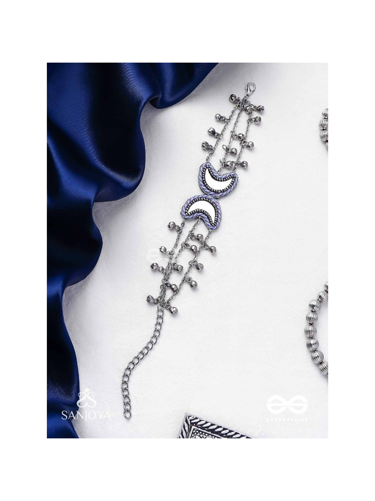 Chandrasalokya - The Lunar Twins - Mirrors, Resham And Beads Hand Embroidered Oxidised Bracelet