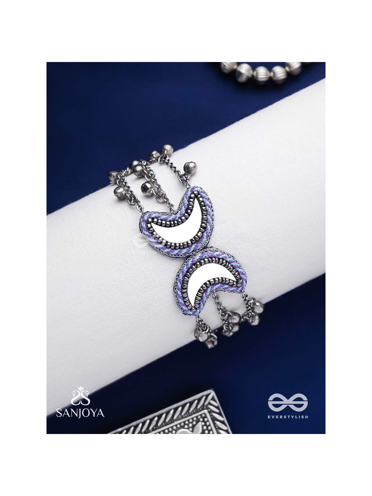 Chandrasalokya - The Lunar Twins - Mirrors, Resham And Beads Hand Embroidered Oxidised Bracelet