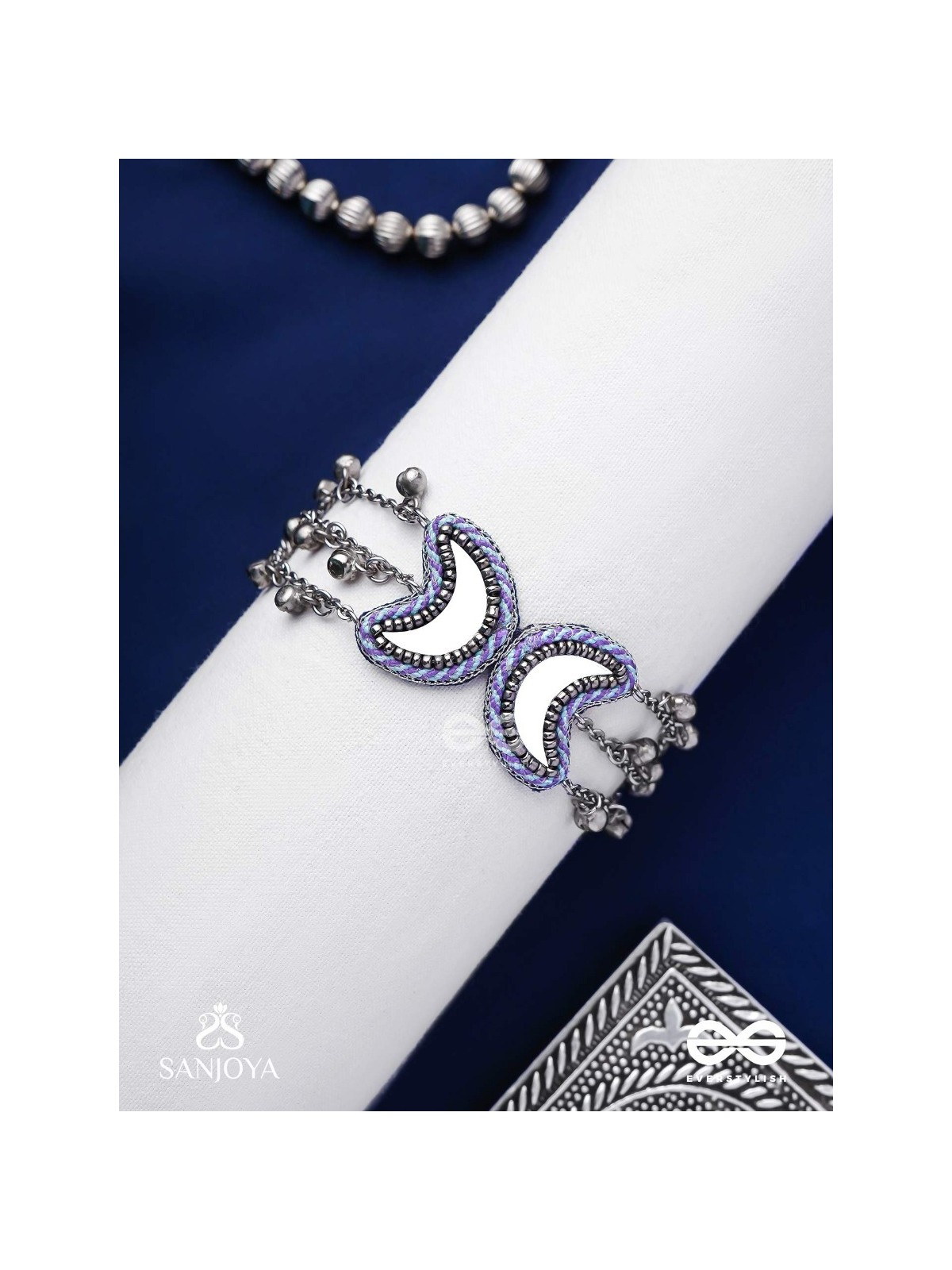 Chandrasalokya - The Lunar Twins - Mirrors, Resham And Beads Hand Embroidered Oxidised Bracelet