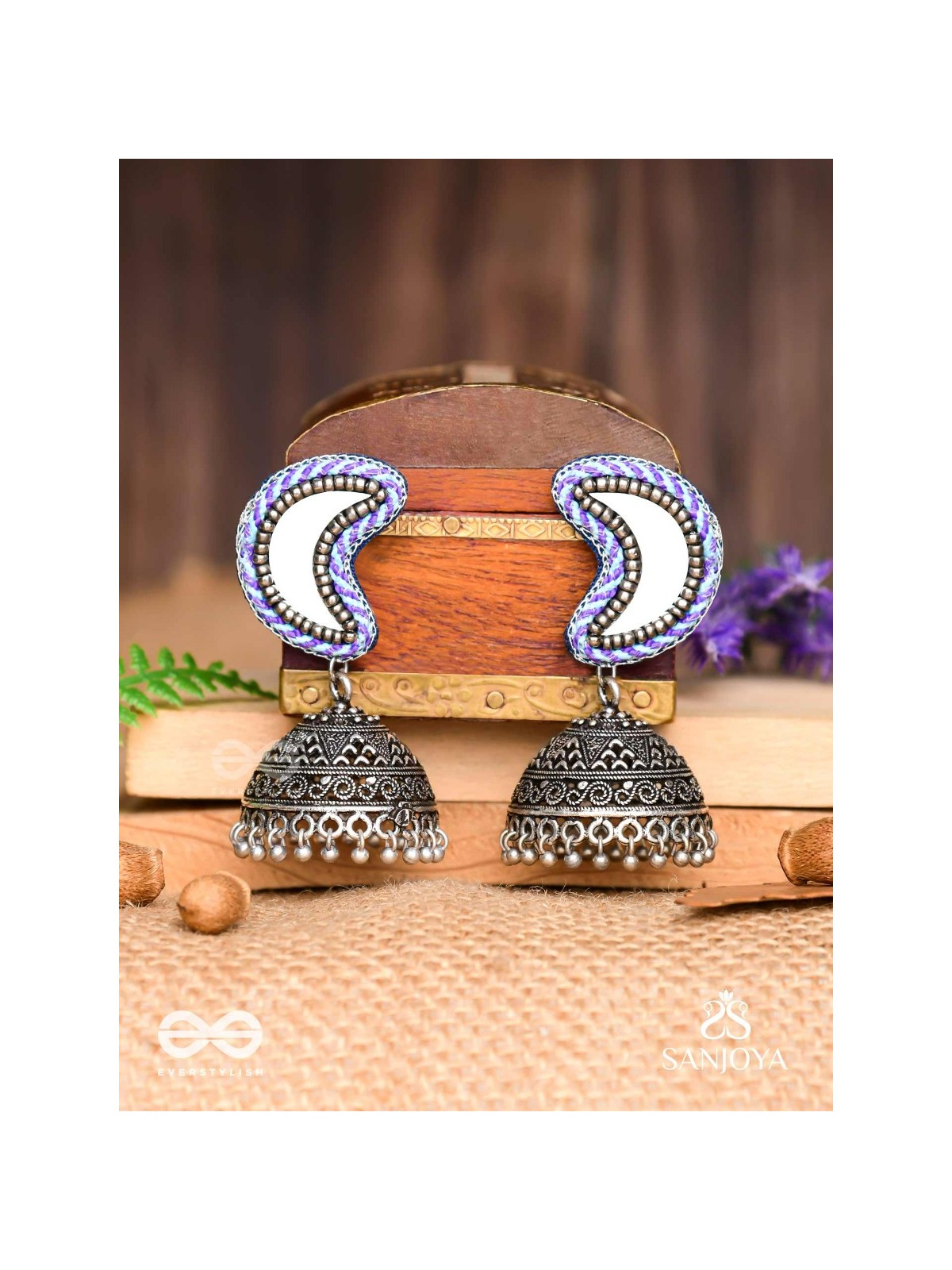 Shashikhand - The Crescent Reflectors - Mirror, Resham And Beads Hand Embroidered Oxidised Jhumka Earrings